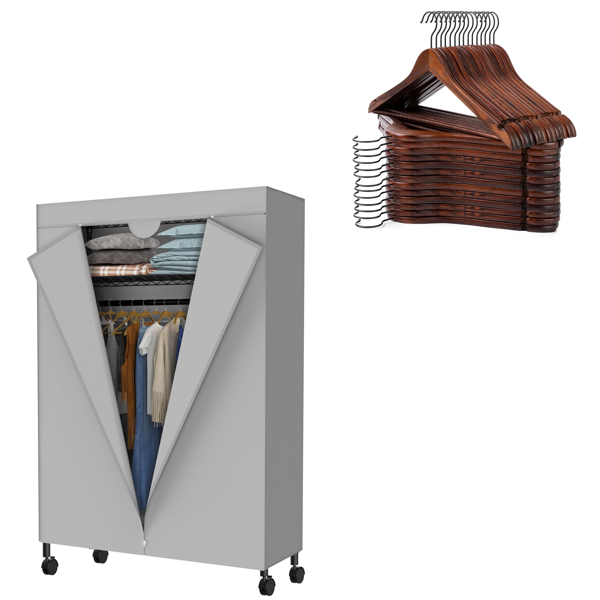 JS HOMELarge Heavy Duty Garment Rack with Cover & 30 pack Retro Wooden Hanger