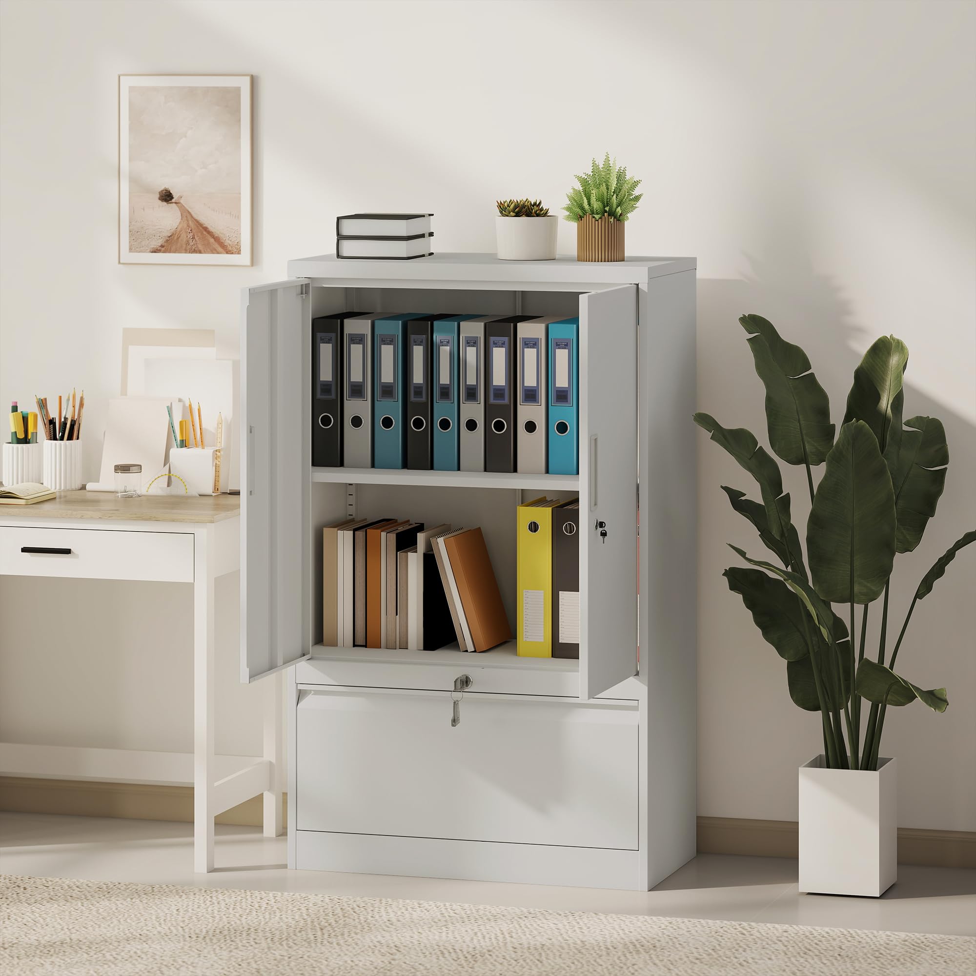 HOMCOM Armadio Portadocumenti 2 Ante in Acciaio con Serratura Bianco | Schedario da Ufficio, Ripiani Regolabili, Cassetto per Formato Lettera/Legale/A4, Mobiletto Multiuso per Studio