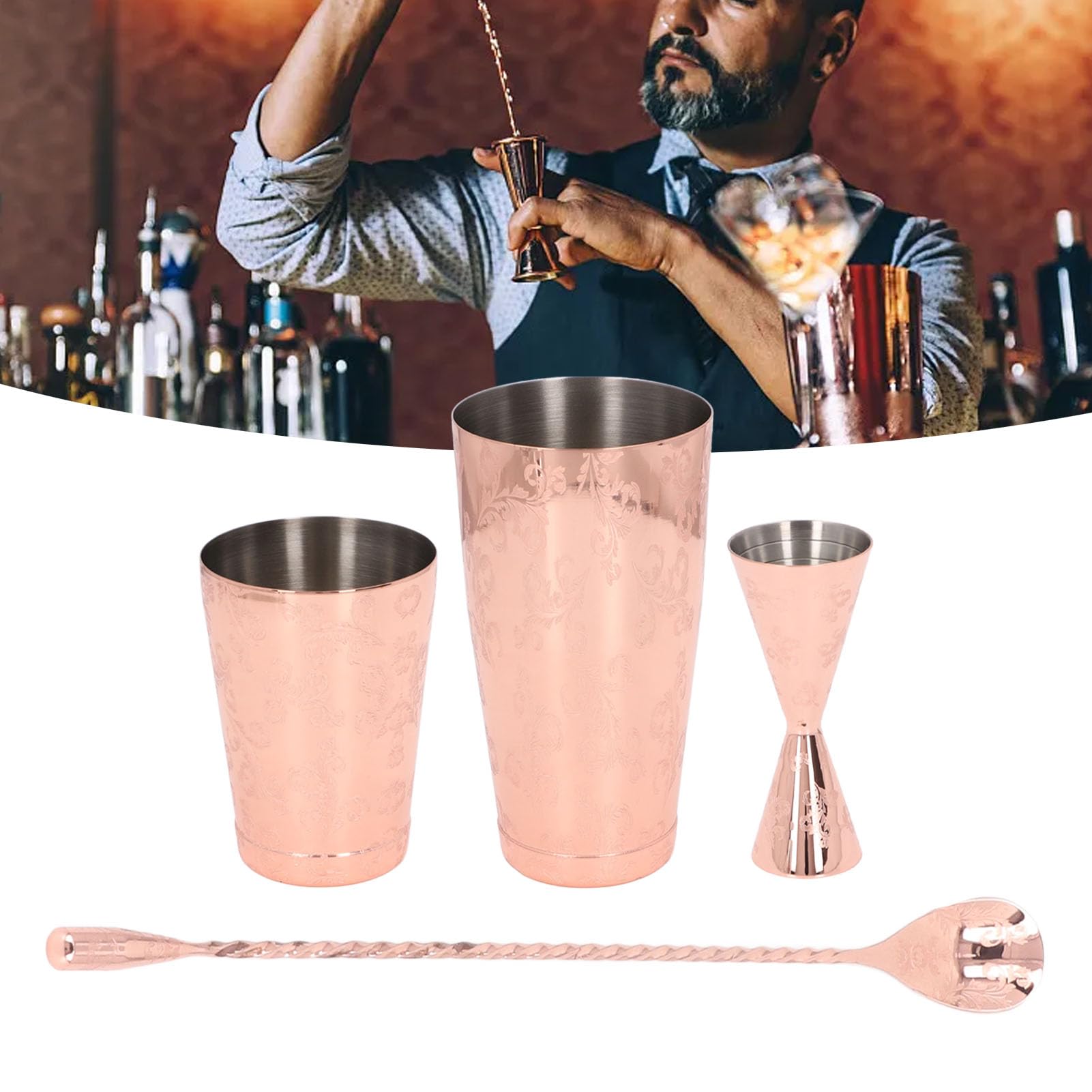 Set shaker per cocktail Boston MUNEFE, stampa vintage in acciaio inossidabile 304 (Insieme 4)