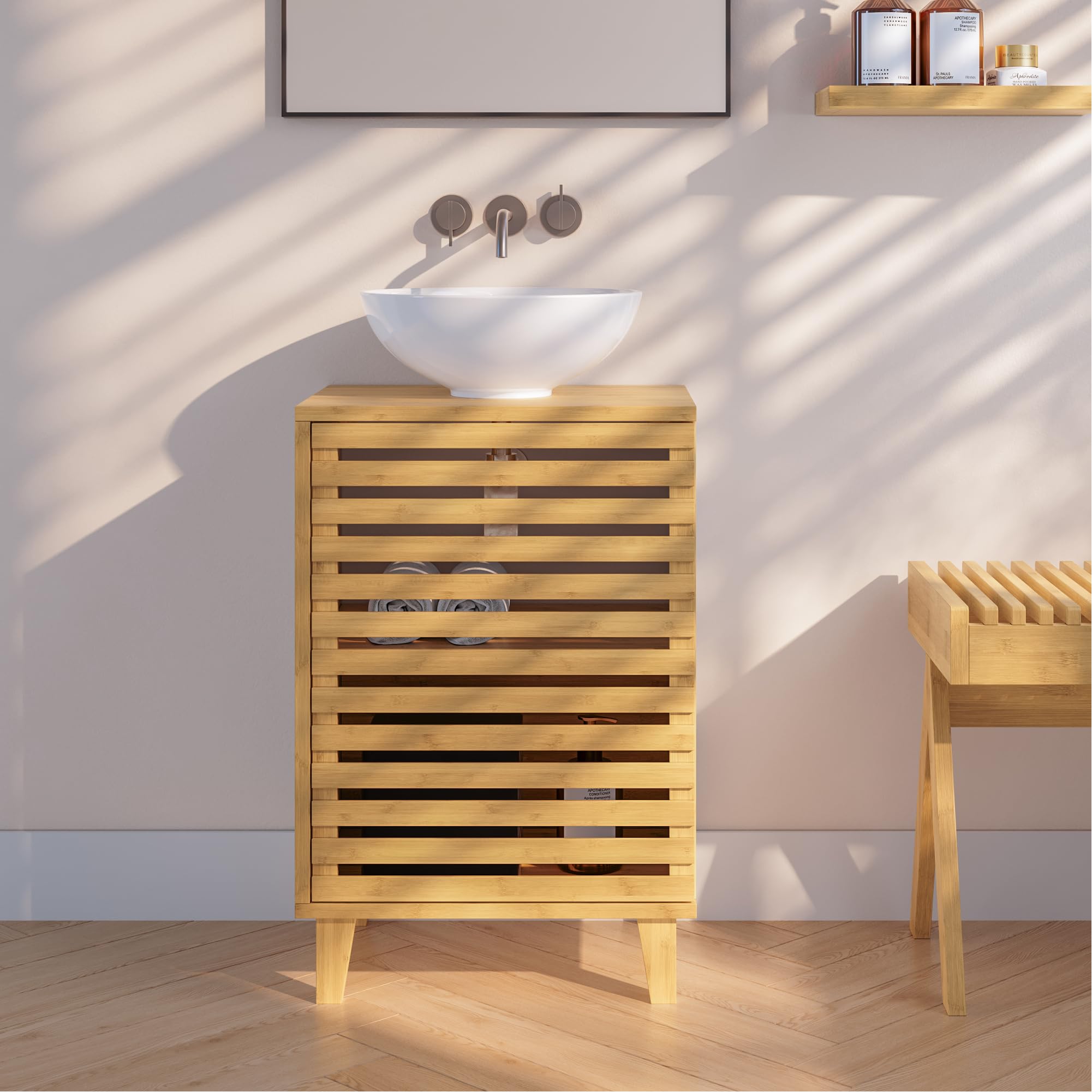 en.casa Iveland Waschbeckenunterschrank – Bambus Natur, 60 × 40 × 30 cm, 1 Tür, 2 Fächer