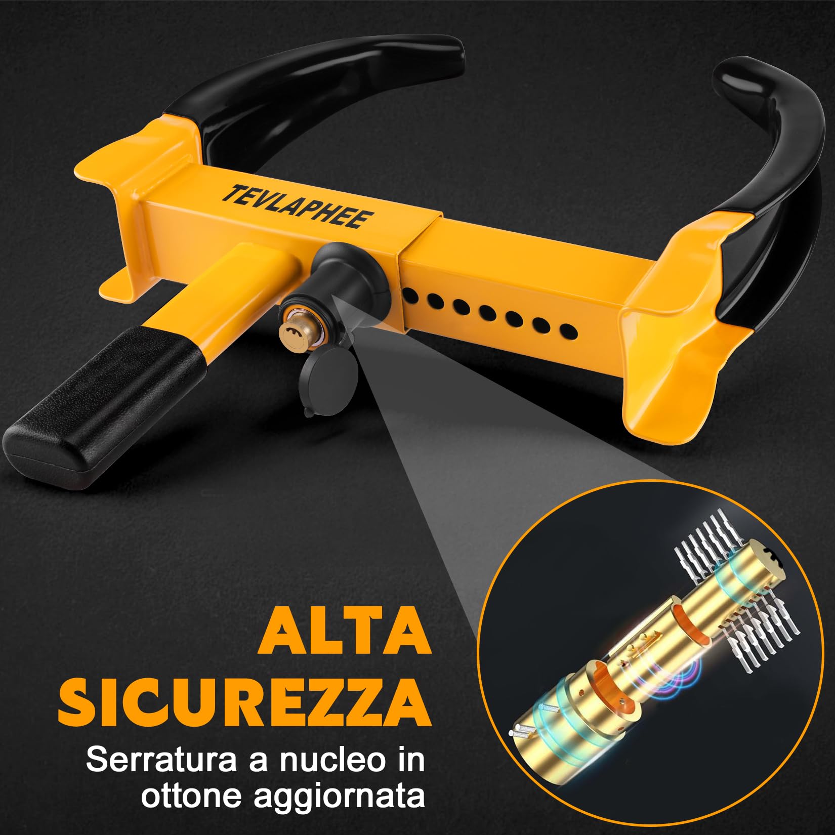 Tevlaphee Antifurto Blocca Routa Alta Sicurezza, Universale, Regolabile, Serratura Anti-Perforazione, Ganascia Blocca Ruota,bloccaruota auto con Blocco di Nucleo in Rame con 3 Chiavi (Nero & Giallo)