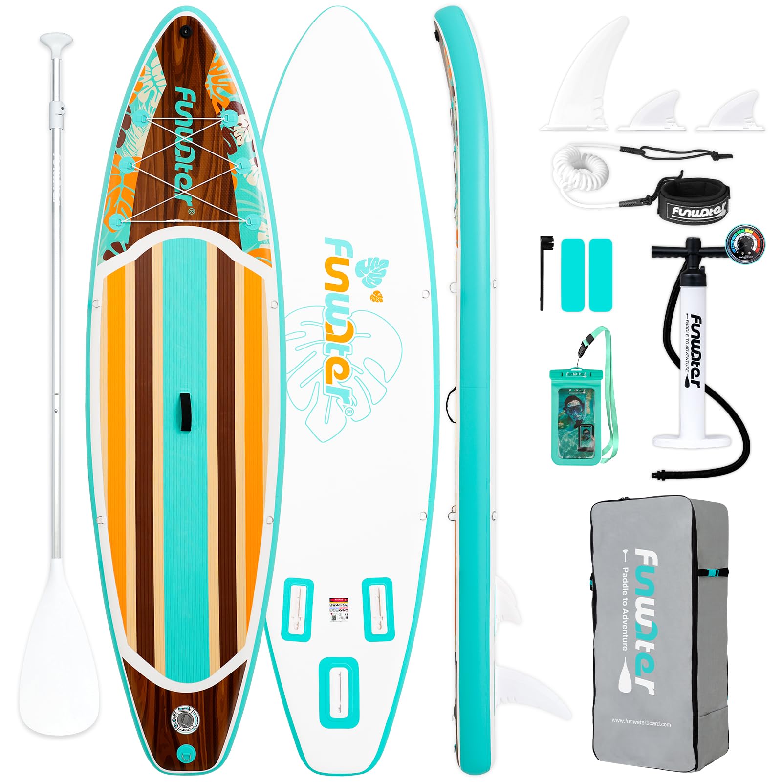 FunWater 3.9m(11피트/10피트 6인치) 공기 주입식 스탠드업 패들 보드, 프리미엄 SUP 패들보드 액세서리 포함, 넓고 안정적인 미끄럼 방지 EVA 데크, 모든 기술 수준의 성인 및 청소년을 위한 패들 보드