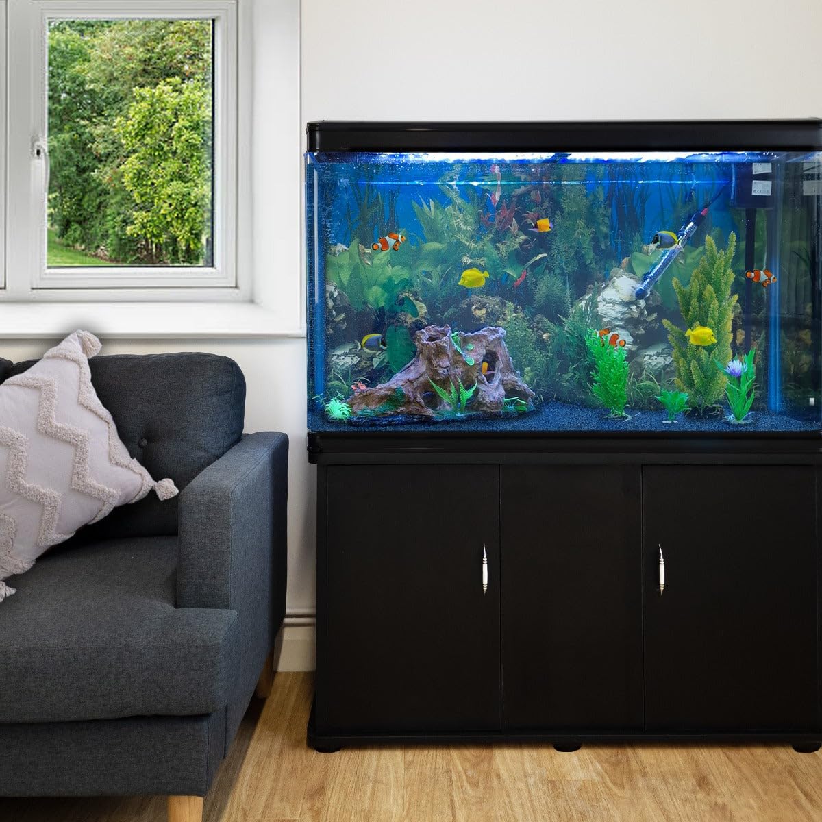 Pecera Acuario 300 litros para Peces de Agua Dulce,Tropicales+Marinos con Mueble Negro,Grava Azul, Calentador 300W Ajustable,Filtro,Bomba Aire,Zona Observación 180º +Luz LED, 2 Años Garantía Eléctrica