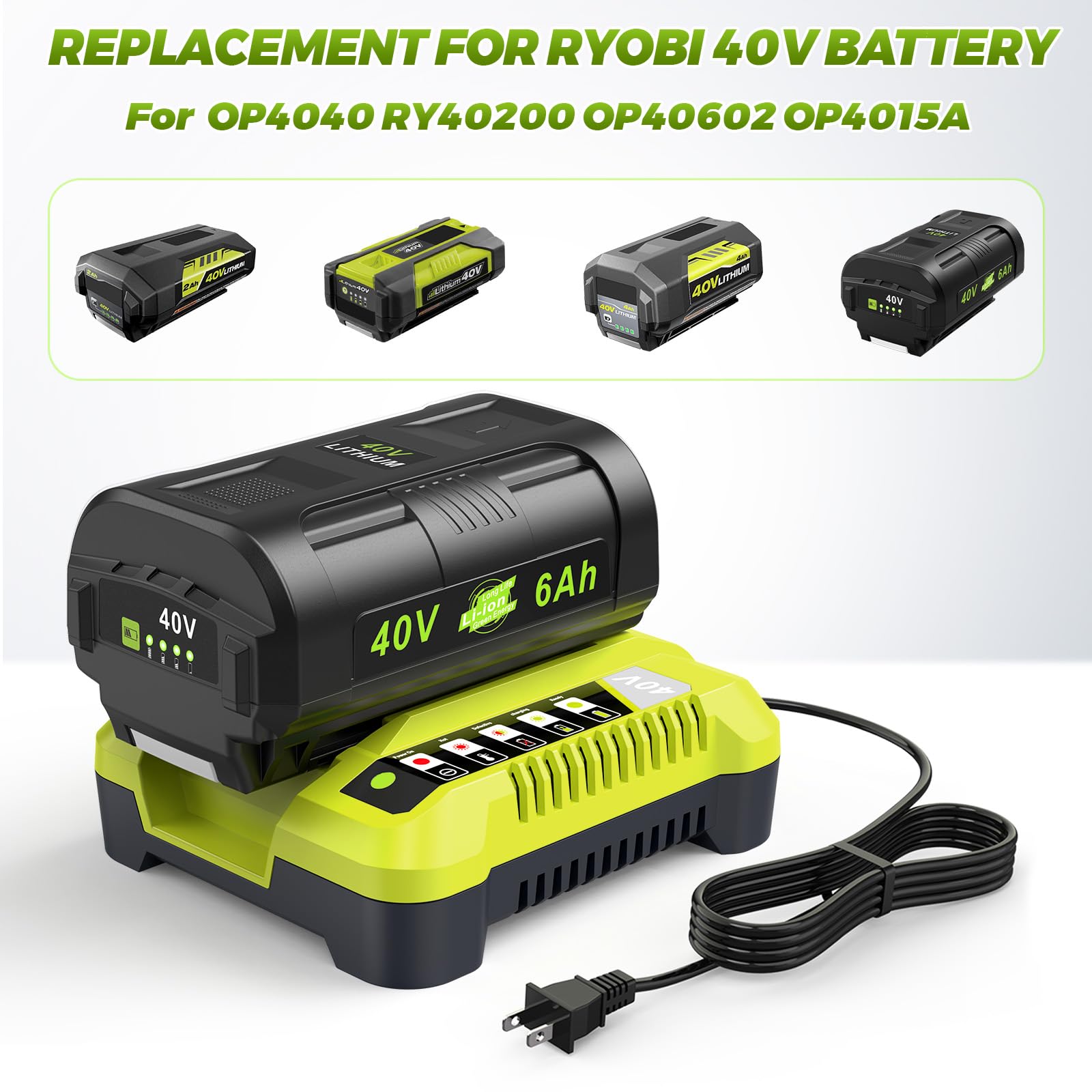 Compatible con batería Ryobi de 40 V, 6.0 Ah, 2 unidades, OP4060, OP401, combo de cargador de alta capacidad, fuerte potencia para Ryobi 40 V batería y cargador, cortacésped, sopladores de hojas para