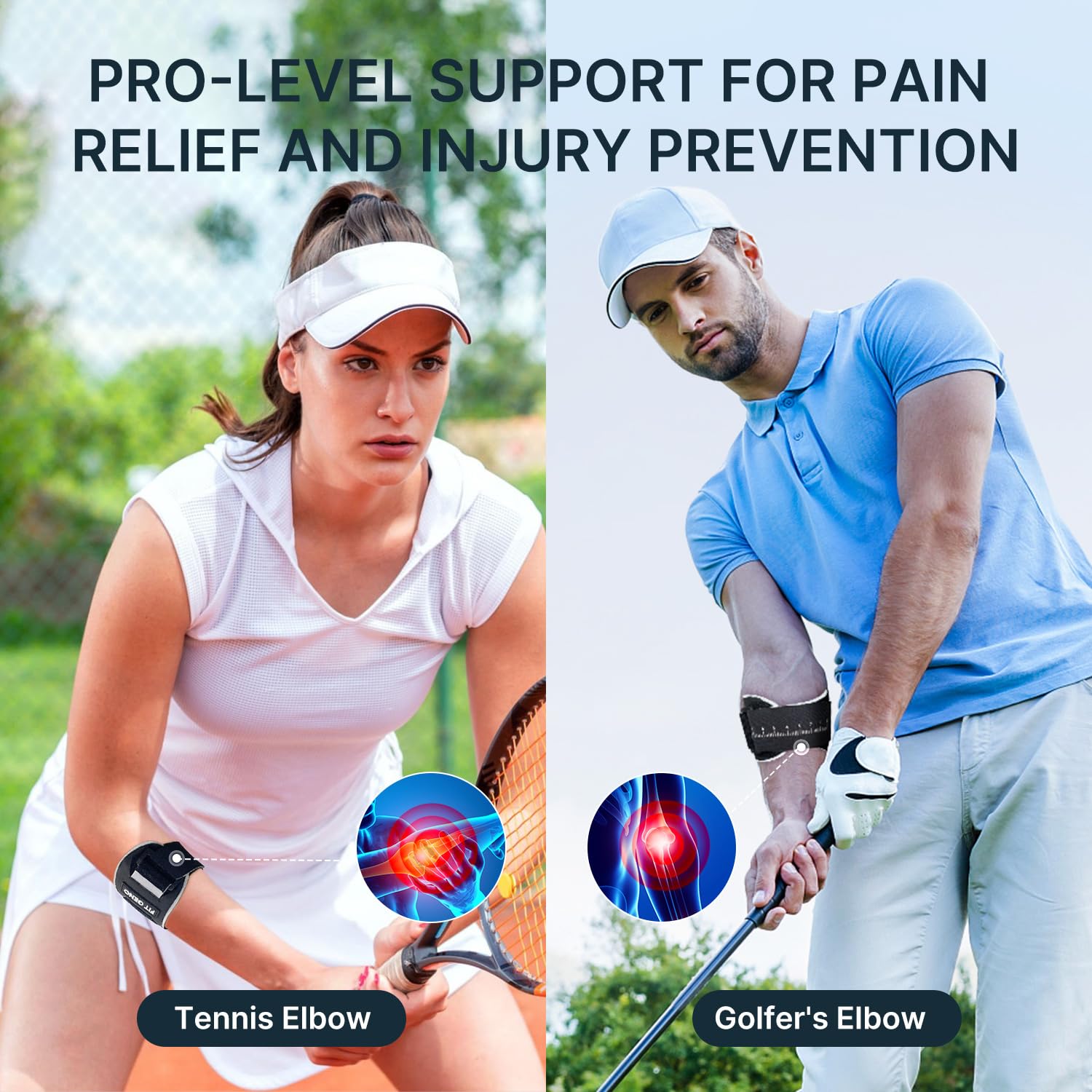 Fit Geno Elbow Brace for Tennis & Golfer's Elbow: Adjustable Elbow Strap for Tendonitis Pain Relief with Compression Pad - Support for Sports Men and Women - Forearm 10''-15.5'', 1 Pack, Black