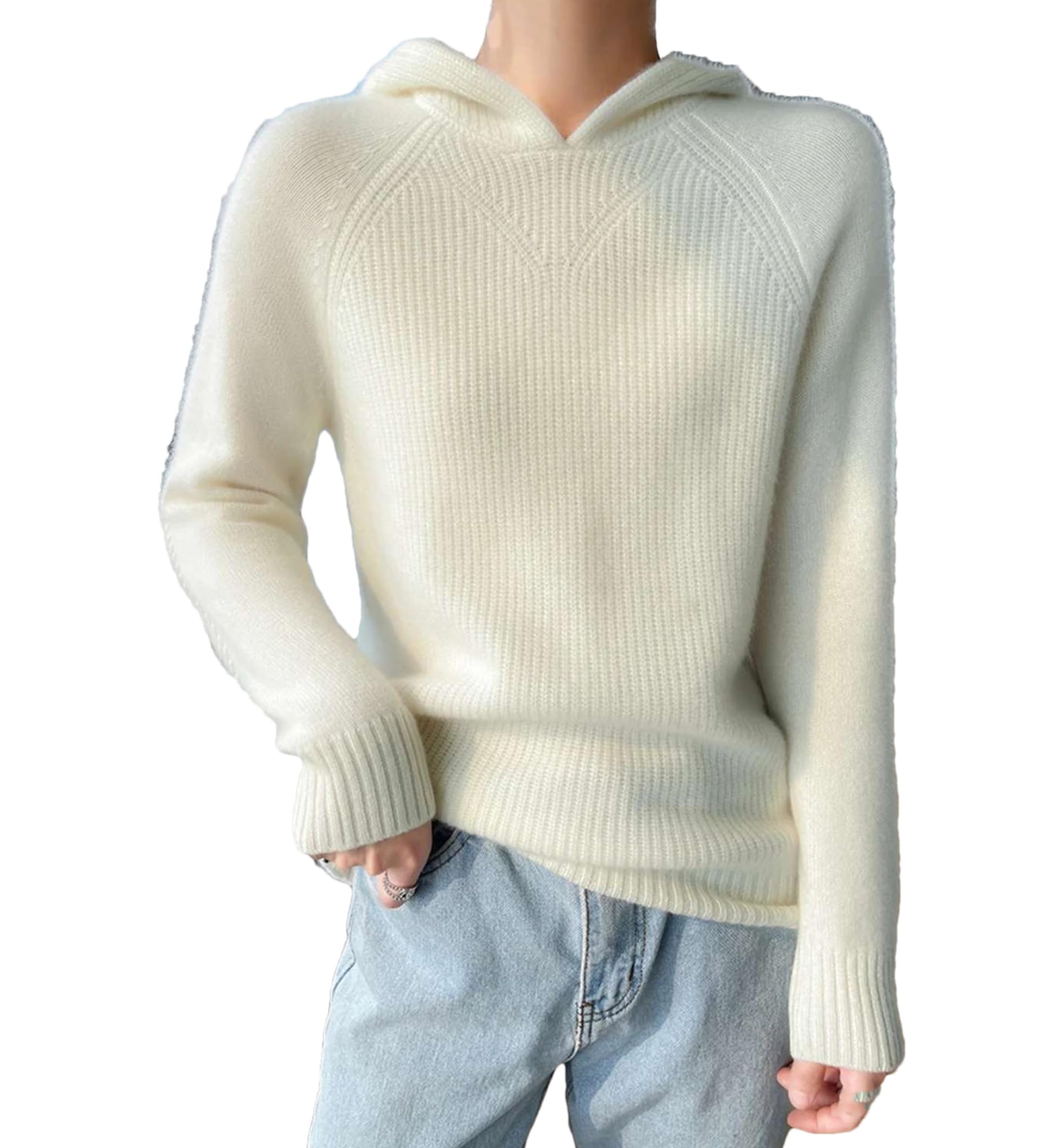 Yeuyyben Pullover da donna Maglione in cashmere con cappuccio allentato casual da donna maglioni invernali con cappuccio a maniche lunghe top crema, crema, L