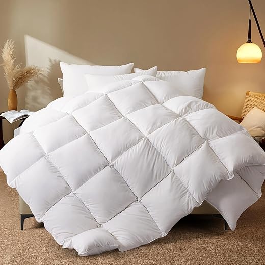 WhatsBedding All Season Goose Feathers and Down Comforter Full- Luxurious Hotel Collection Bed Comforter - 100% Cotton Cover White Medium Warmth Duvet Insert with Corner Tabs -Full 82x86 Inch