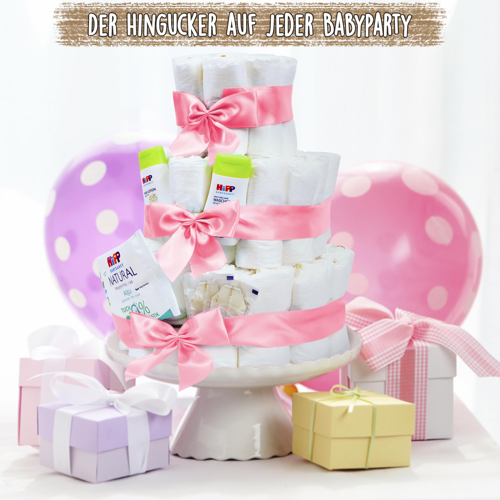 MilaBoo® Tarta de pañales de 3 pisos con productos premium, regalo para nacimiento (3 pisos rosa)