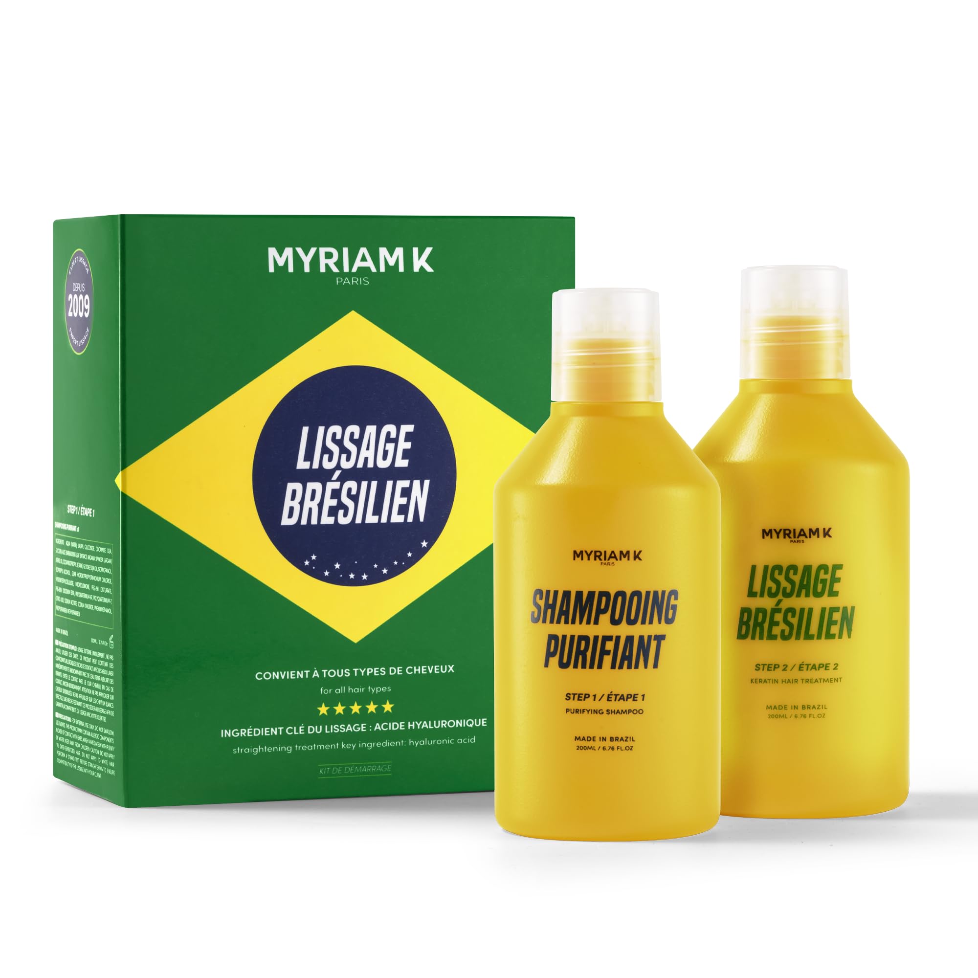 MYRIAM K PARIS – Kit de Lissage Brésilien 2x200ml – Soin Lissant à la Kératine – Anti-Frisottis & Brillance Intense – Sans Acide Glyoxylique – Pour Cheveux Bouclés, Frisés, Ondulés ou Raides