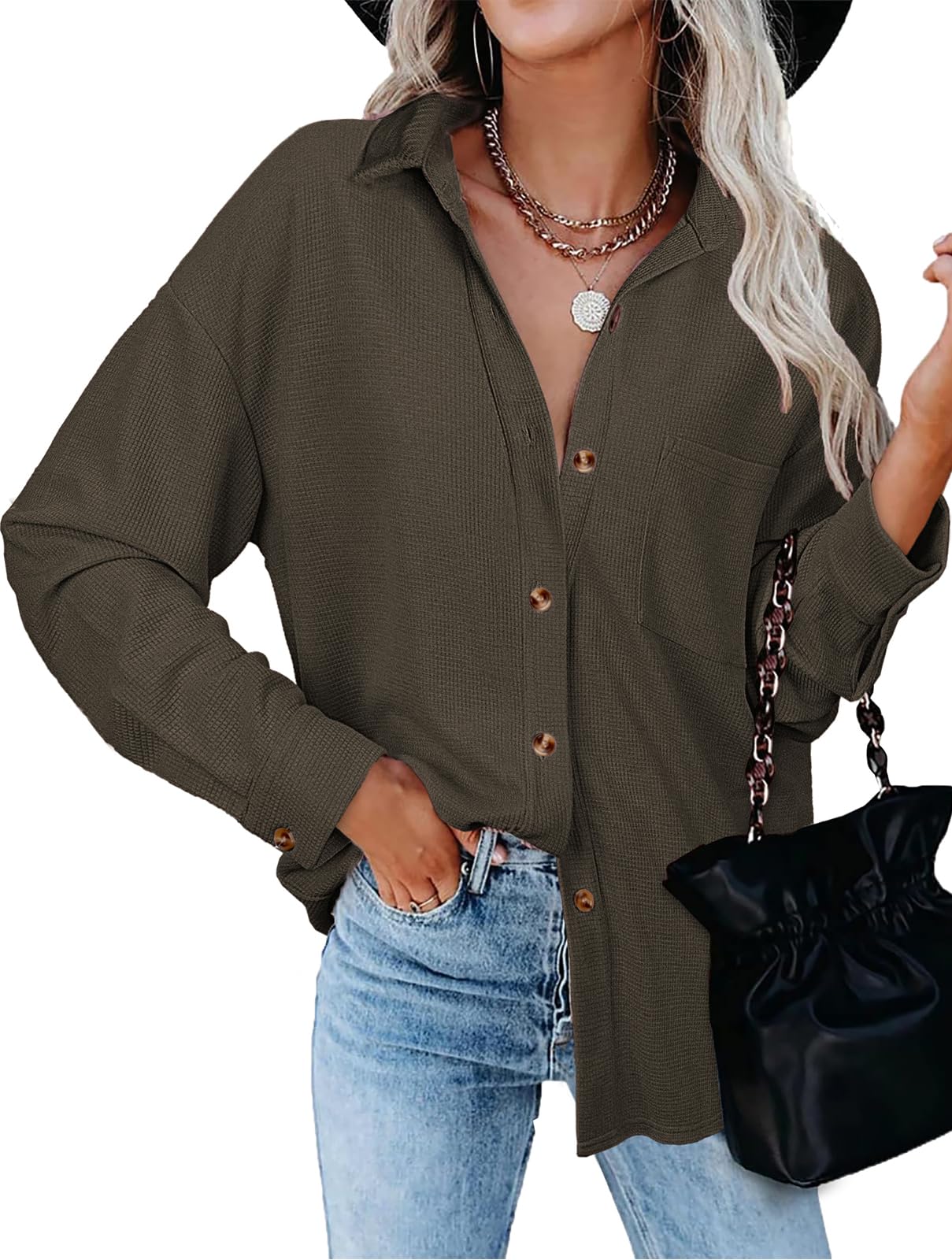 Tanmolo Bluse Damen Langarm Hemdjacke Elegant Hemdbluse Baumwolle Langarmshirt Blusen Waffelbluse Lässig Oberteile Tops mit Knöpfen Hemd