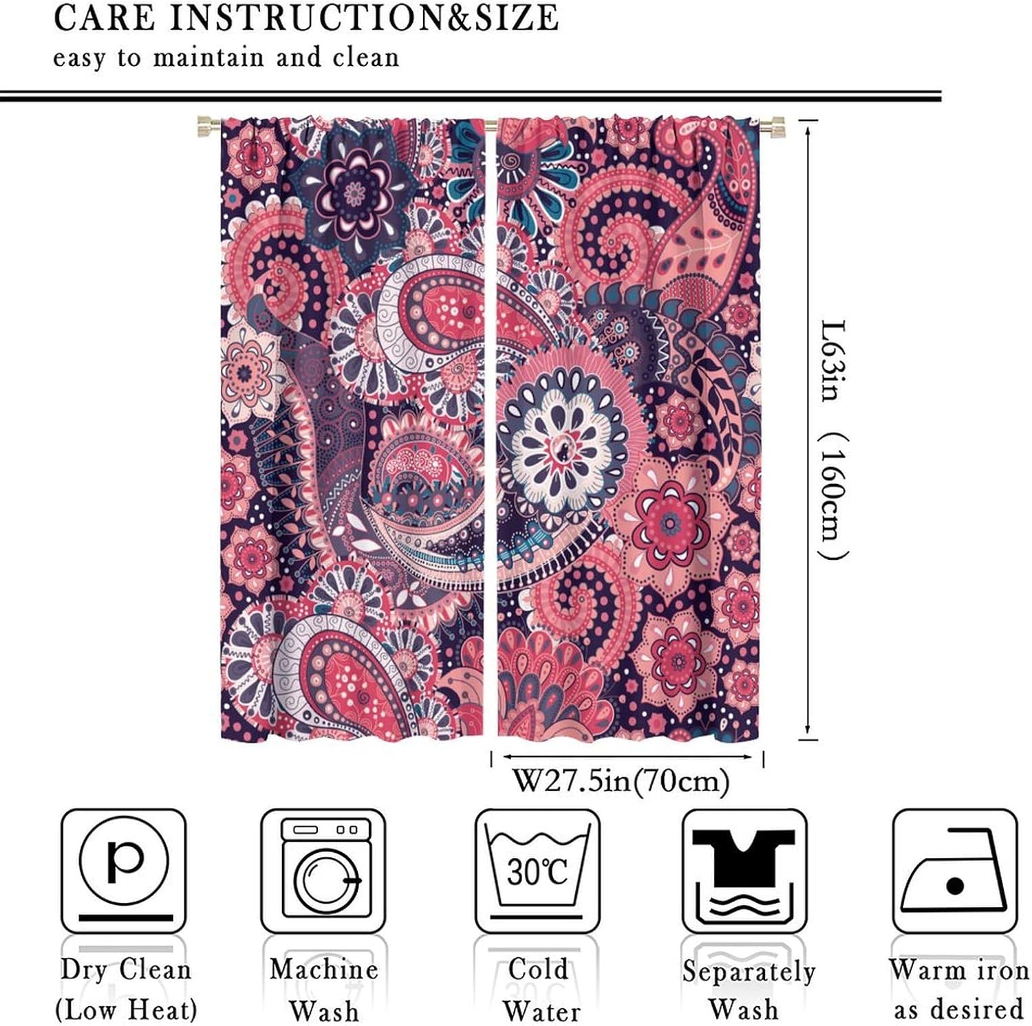 Boho Paisley Decor Blackout Curtains, Damask Retro Ethnic Rustic Paisley Floral Print Rod Pocket Window Treatments Drapes for Bedroom Living Room Home Decor55x63in