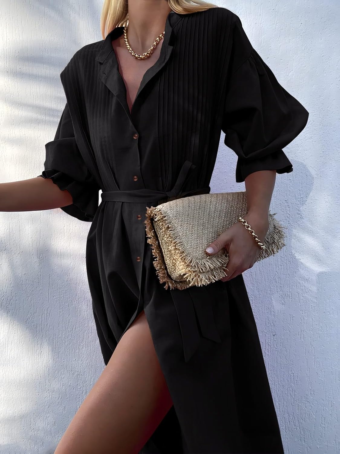 Paintcolors Women's Long Sleeve Maxi Dress Casual Button Down V Neck Flowy Belted Tie Waist A-Line Loose Shirt Swing Dresses - Image 6