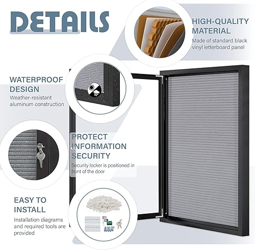 Miniatura 3 de Tableros de letras intercambiables cerrados, tablero de mensajes para exteriores con puerta de bloqueo, fieltro gris, marco de aluminio negro, 36 x