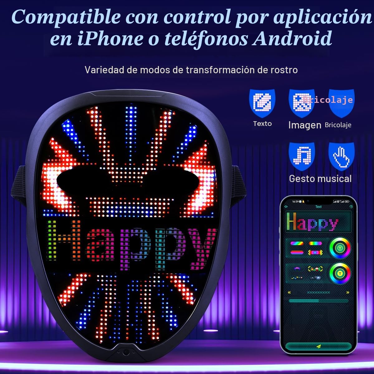 Máscara Facial LED Luminosa, Máscara LED Recargable Con Modos De Transformación Facial Con Detección De Gestos, Con Imágenes Diversas, Adecuada Para Disfraces Cosplay Masquerade Y Halloween