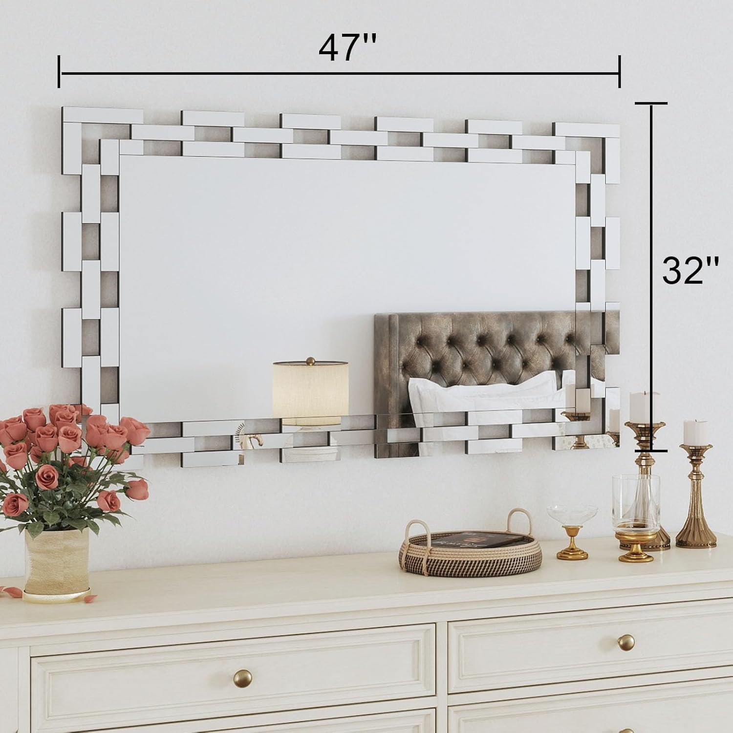 Chende 47''x32'' Frameless Glass Wall Mirror, Modern Decorative Rectangle Mirror for Living Room, Dining Room, Entryway, Bathroom, Bedroom
