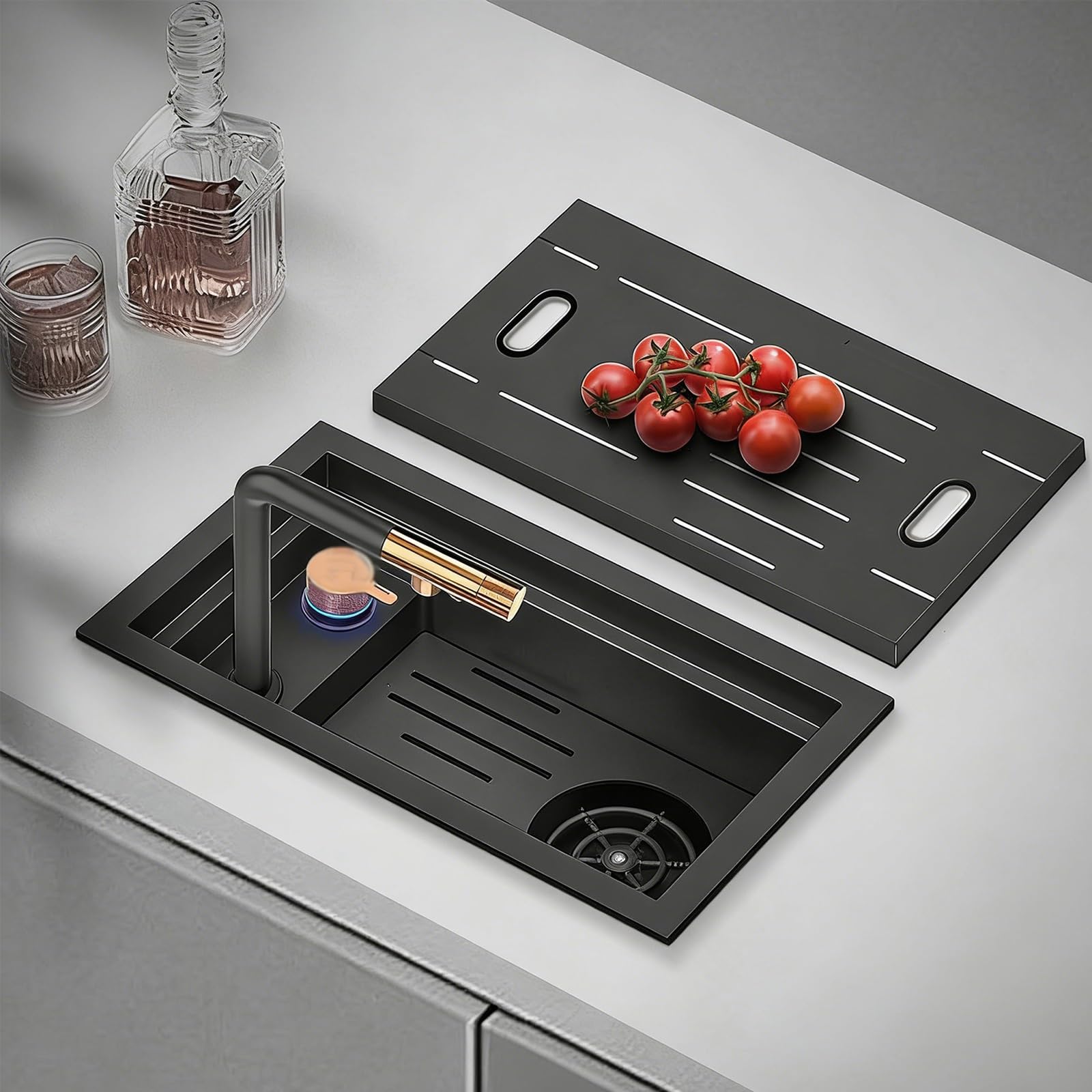 Fregadero Camper, Lavabo Caravana con Grifo, Fregadero Multifunción Oculto con Lavavasos Combinado, Fregadero de Acero Inoxidable para Barra de Camping