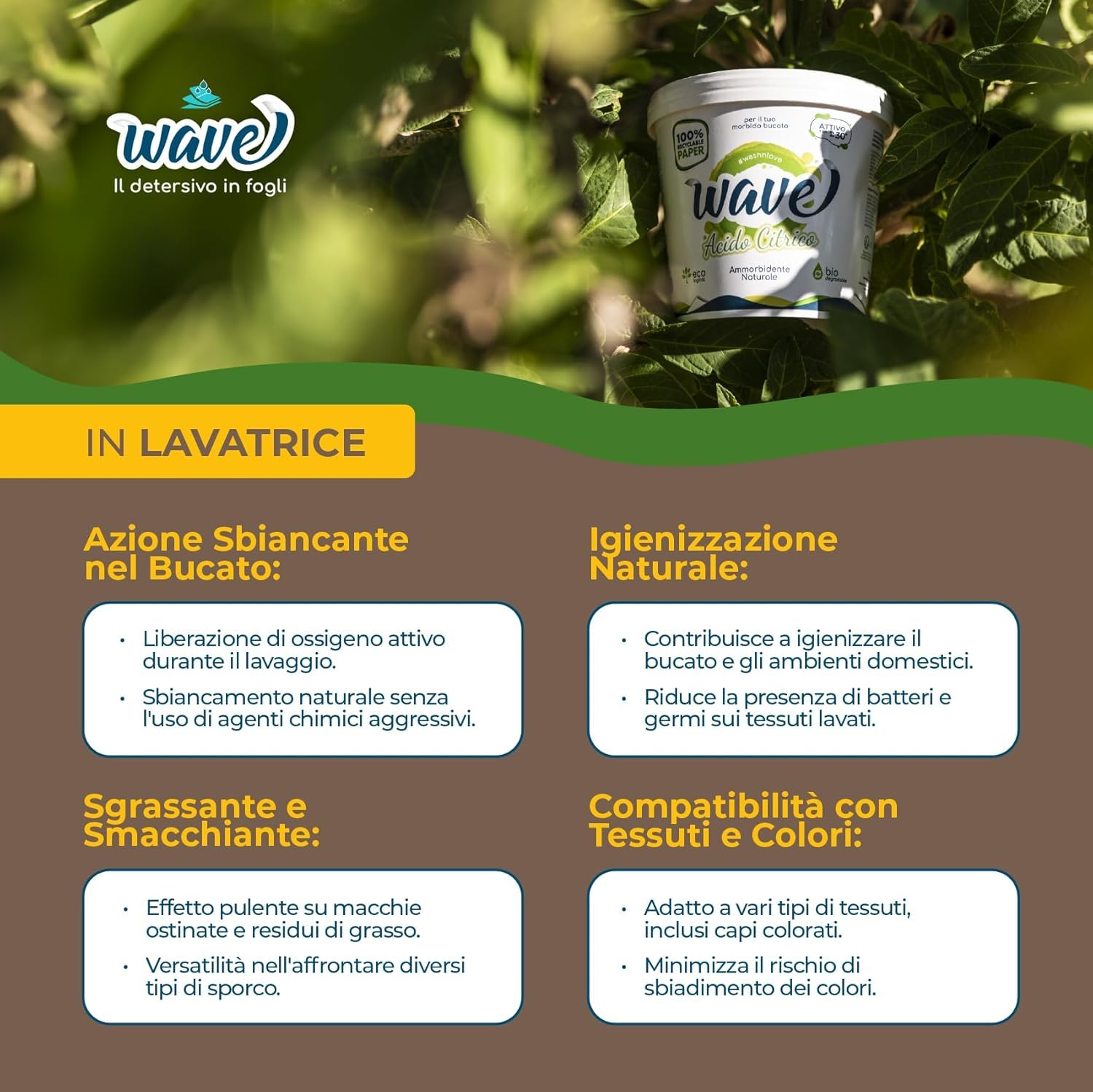 Wave Washing Acido Citrico - Ammorbidente Lavatrice & Decalcificante Macchina Caffè Naturale - Anticalcare e Brillantante Multiuso - 100% PLASTIC FREE - 1 kg - 75 lavaggi o 50 decalcificazioni