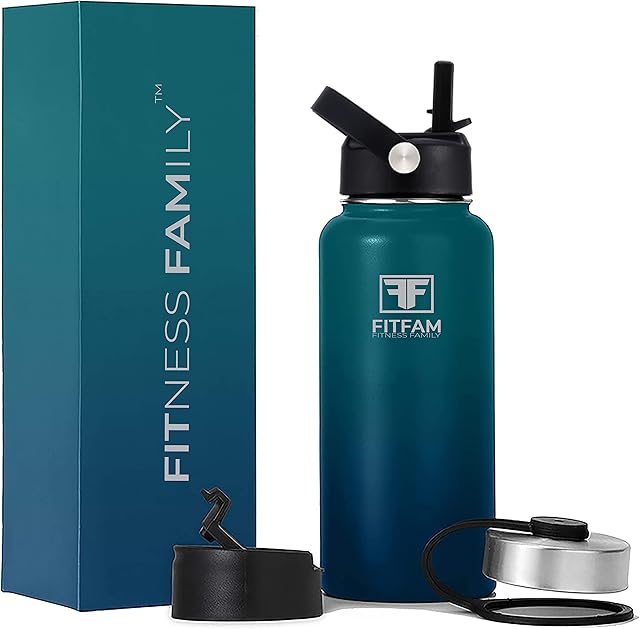 FITFAM Fitness Family Vacuum Insulated Stainless Steel Water Bottle, 1L Water Bottle with Straw Lid, BPA Free, Reusable Sport Bottles, Work Gym Home Kids, Leak Proof, Cold for 24 Hrs, Hot for 12 Hrs