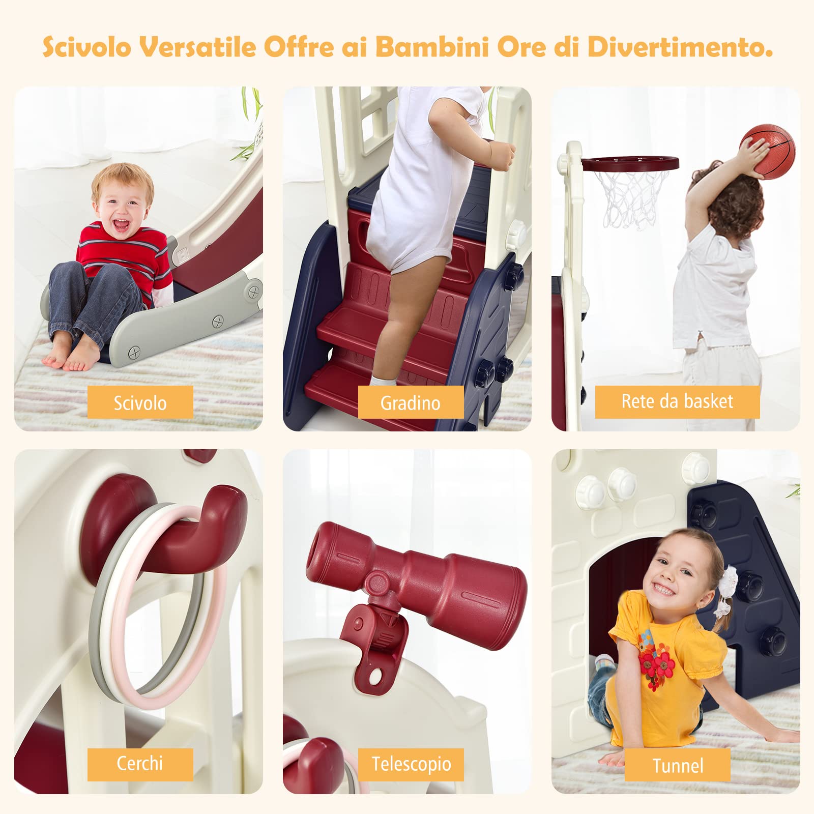 RELAX4LIFE 6 in 1 Scivolo per Bambini, Set Arrampicata Palestra con Canestro da Basket, Tunnel, Lancio dell'Anello, Telescopico, Scivolo per Esterni e Interni in HDPE per 3-8 Anni (Blu slittino)