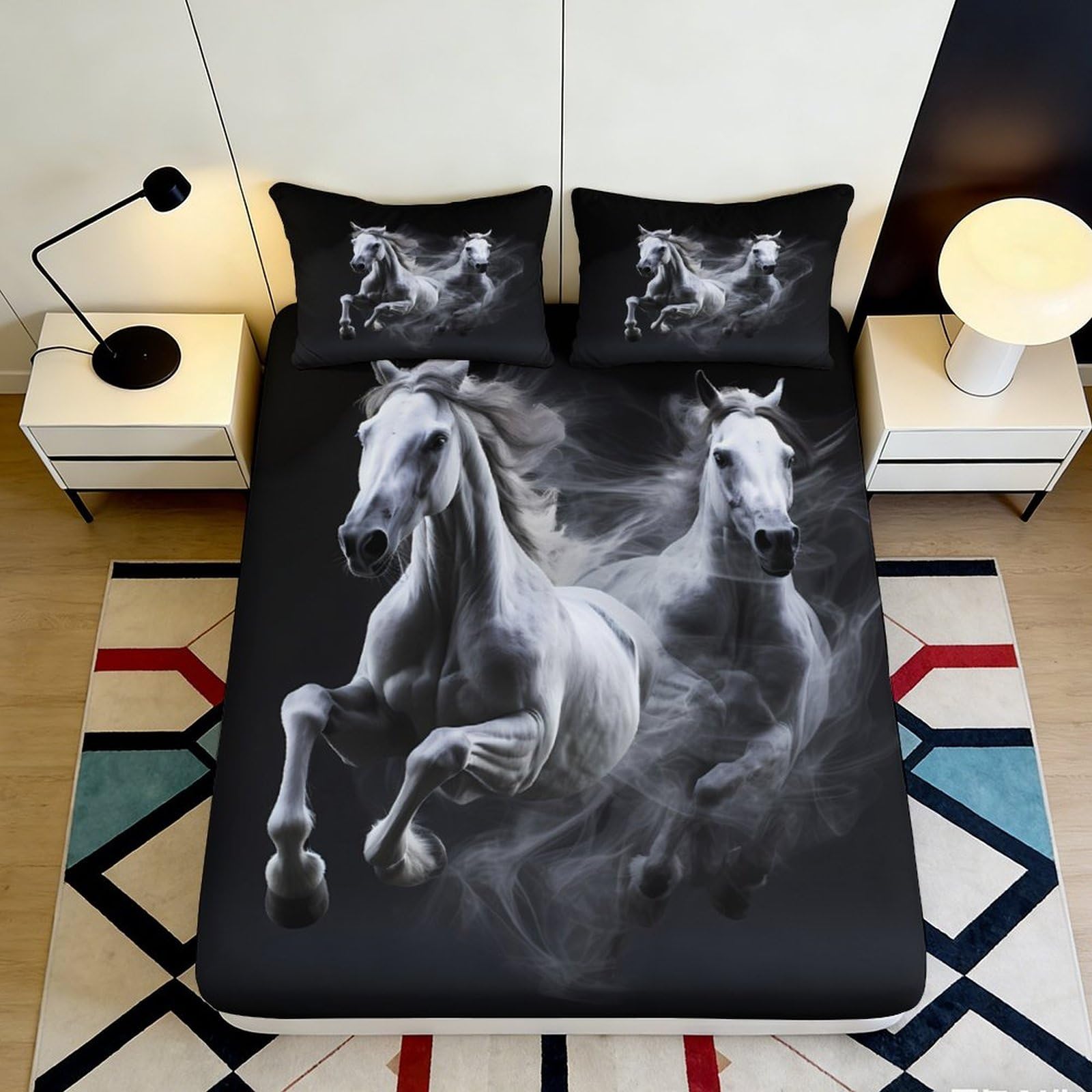 3D Printed White Horse Art Fitted Sheet Microfiber Soft Black Running Horses Mattress Cover for Bedroom Guest Room 90x200x25cm