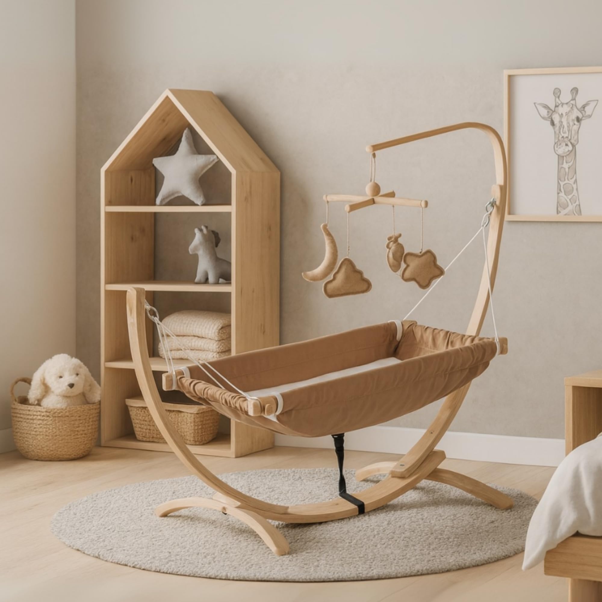 Kinder-Hängematte mit Holzgestell – Ergonomische 66×150 cm Hängeliege für 3–5 Jahre I Weicher Atmungsaktiver Stoff & Sanftes Schaukelgefühl I Tragbar & Vielseitig Nutzbar – Beige