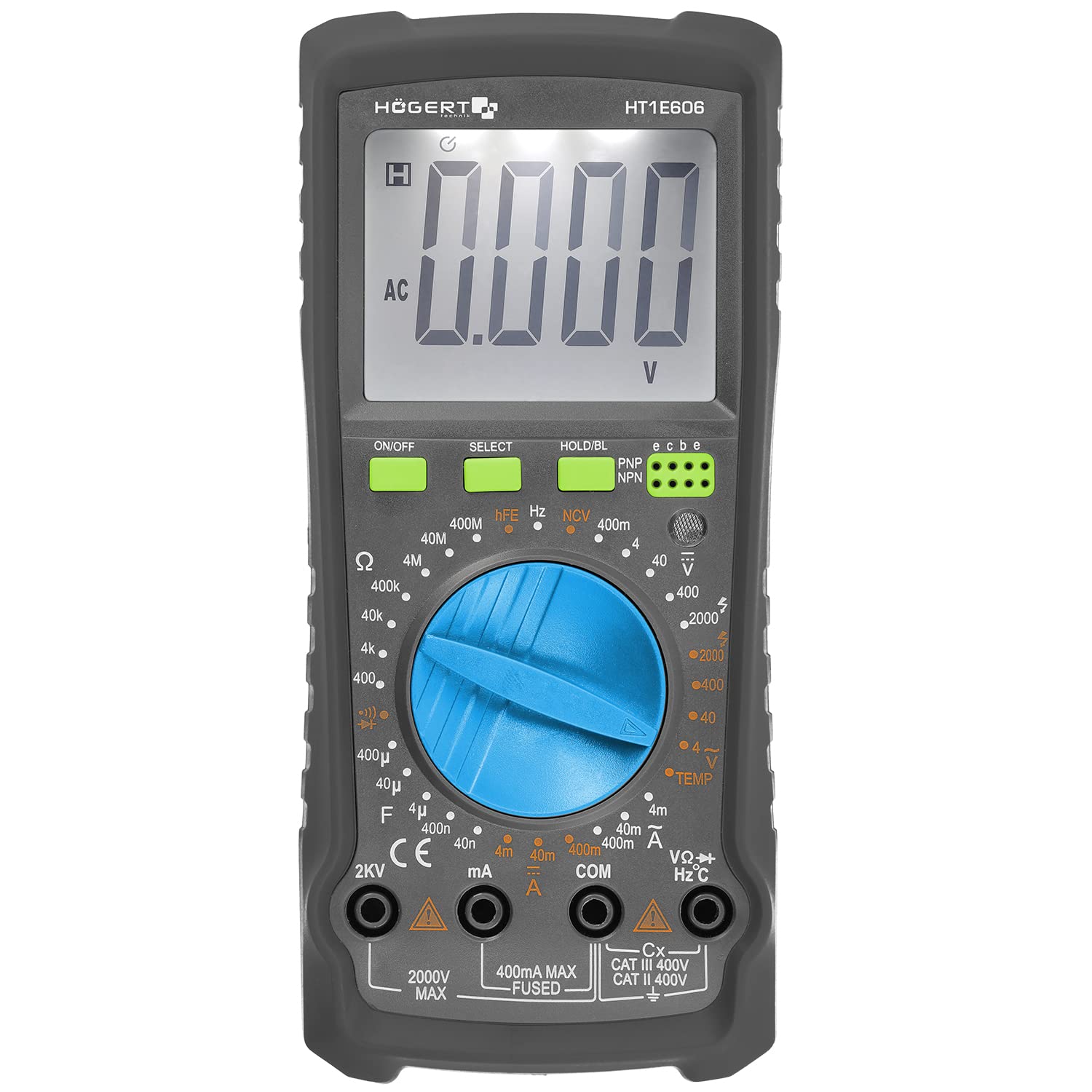 Högert Technik - Digital multimeter up to 2000 V / 400 mA I NCV I thermocouple I LCD screen I rubber coating I ergonomic and compact I includes measuring cable I HT1E606