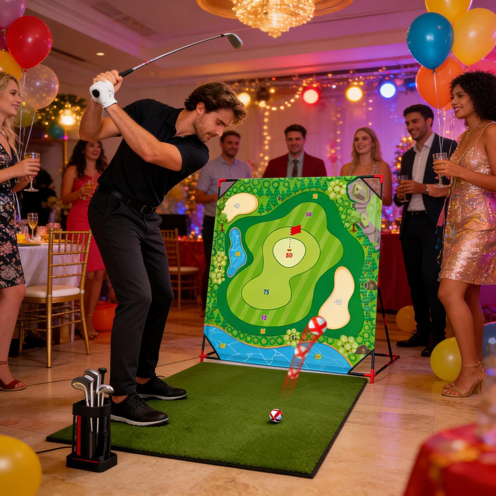 Juego de astillado de golf – Esterilla de entrenamiento interactiva de 137 cm | 24 bolas de golf adherentes con soporte | Para adultos y niños – Perfecto para entrenamiento, deporte y jardín familiar