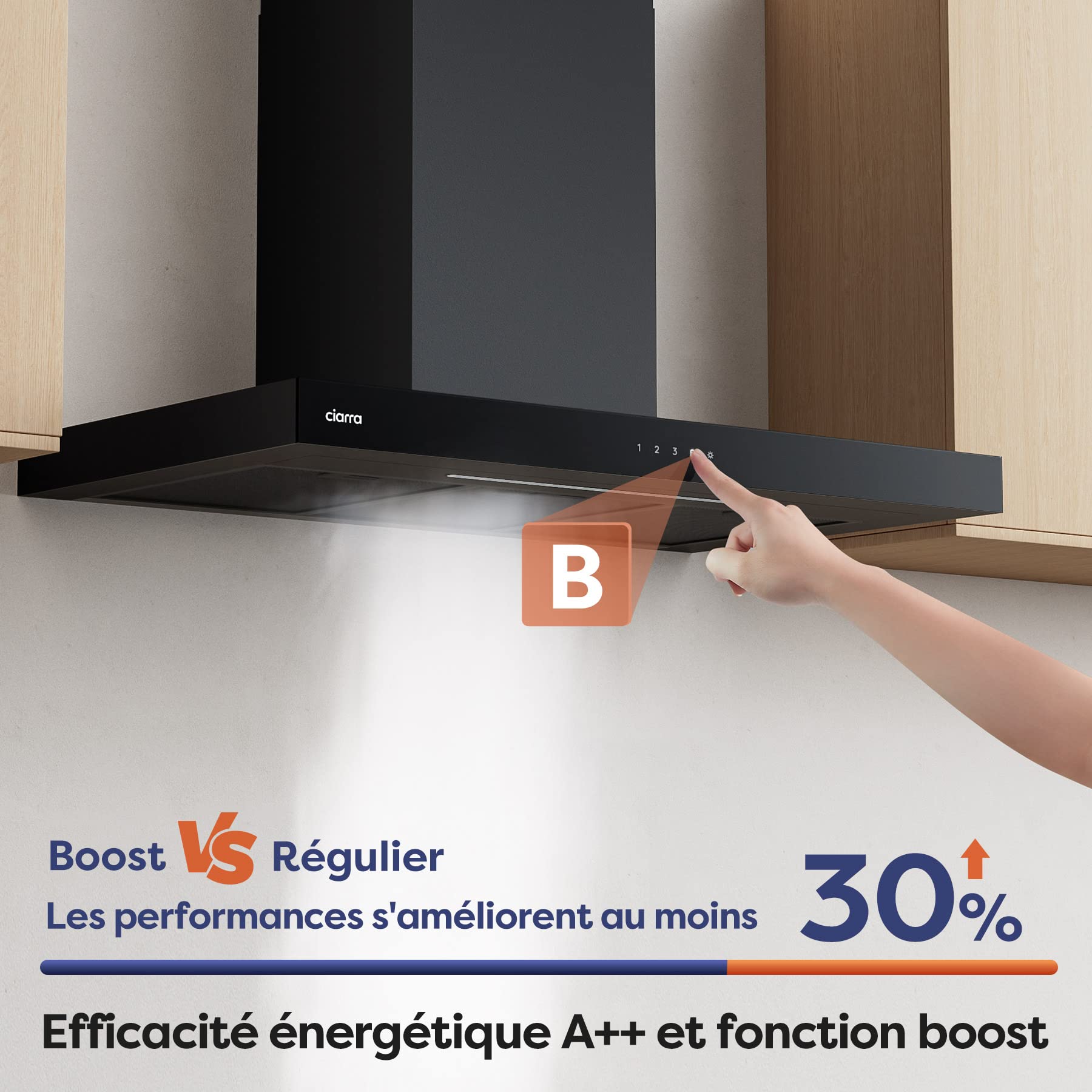 Ciarra Hotte de Cuisine 90cm Classe A+++ 650m³/h, WIFI & Commande Tactile, 4 Vitesses & Boost, Filtre à Charbon Inclus, Recyclage ou Évacuation, Affichage LED – Noir – CBCB9102