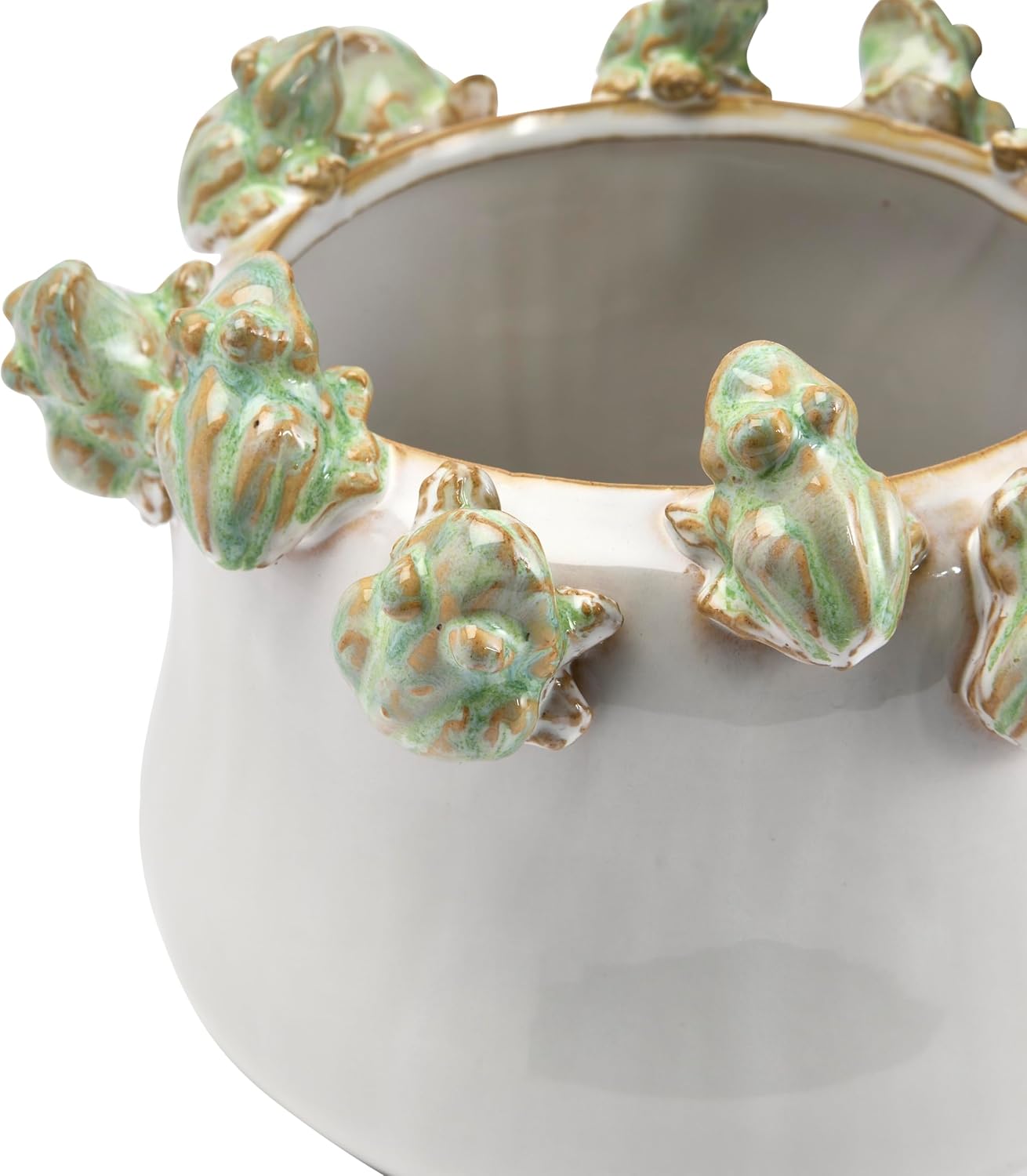 Creative Co-Op Stoneware Planter with Frogs on Rim and Reactive Glaze, Green and White