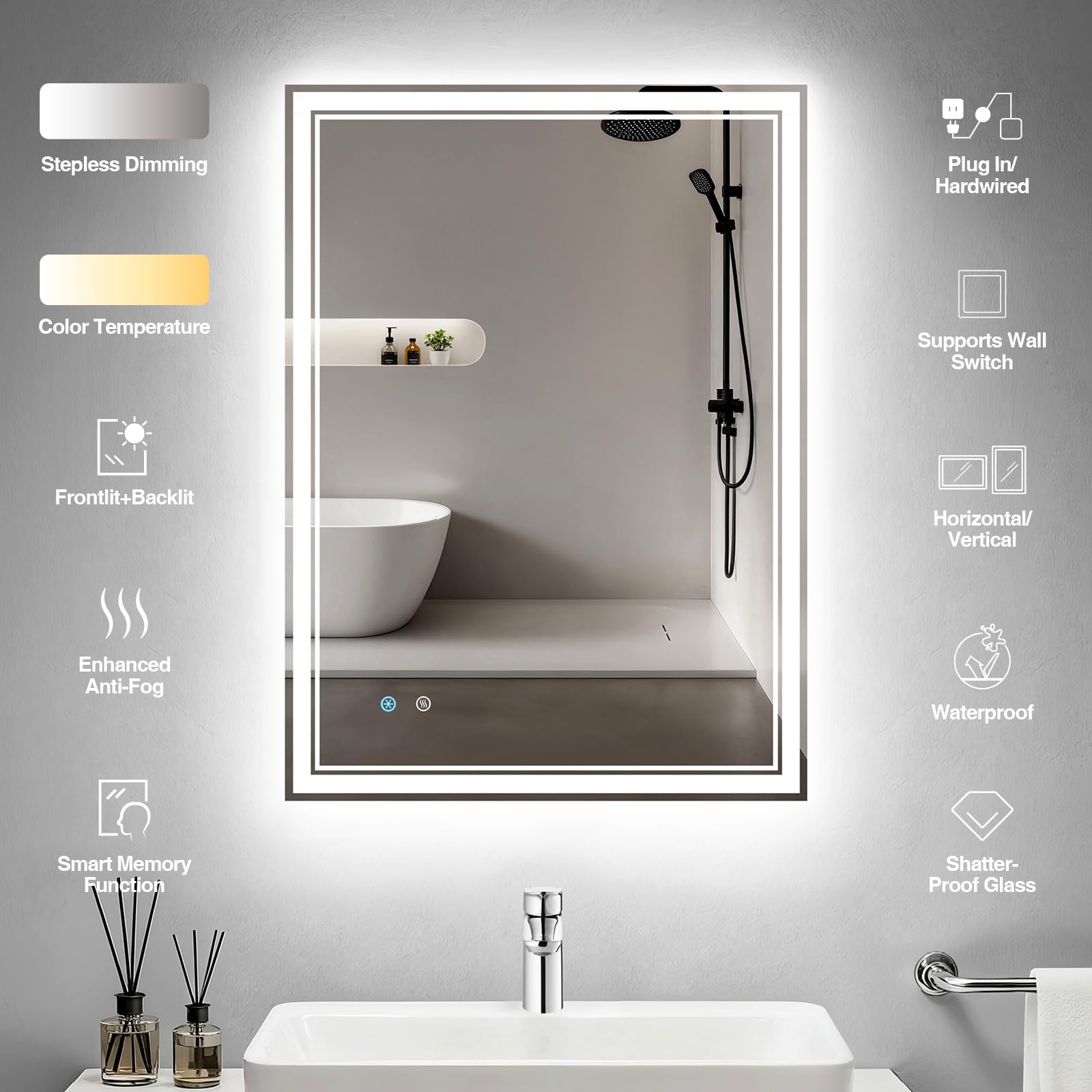 Miroir de Salle de Bain LED 60x80 cm, Double Éclairage (Frontal + Rétroéclairage), Miroir Rectangulaire Anti-Buée Rapide, Luminosité Dimmable 3 Couleurs, Fonction Mémoire, IP44