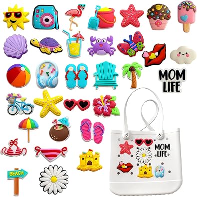 32Pcs Bag Charms for Bogg Bag, Sunshine beach bikini Cute Charms Decoration Accessories for Bogg Bag Rubber Tote Beach Bags