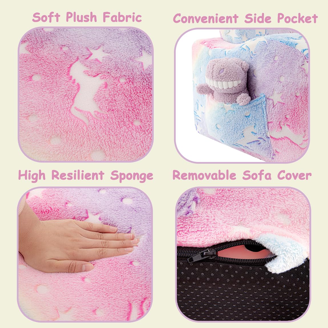 Silla y sofá para niños pequeños, sofá plegable 2 en 1, sillas convertibles para niños pequeños, cómodo sofá a tumbona con función que brilla en la oscuridad, suave para niñas y niños 6