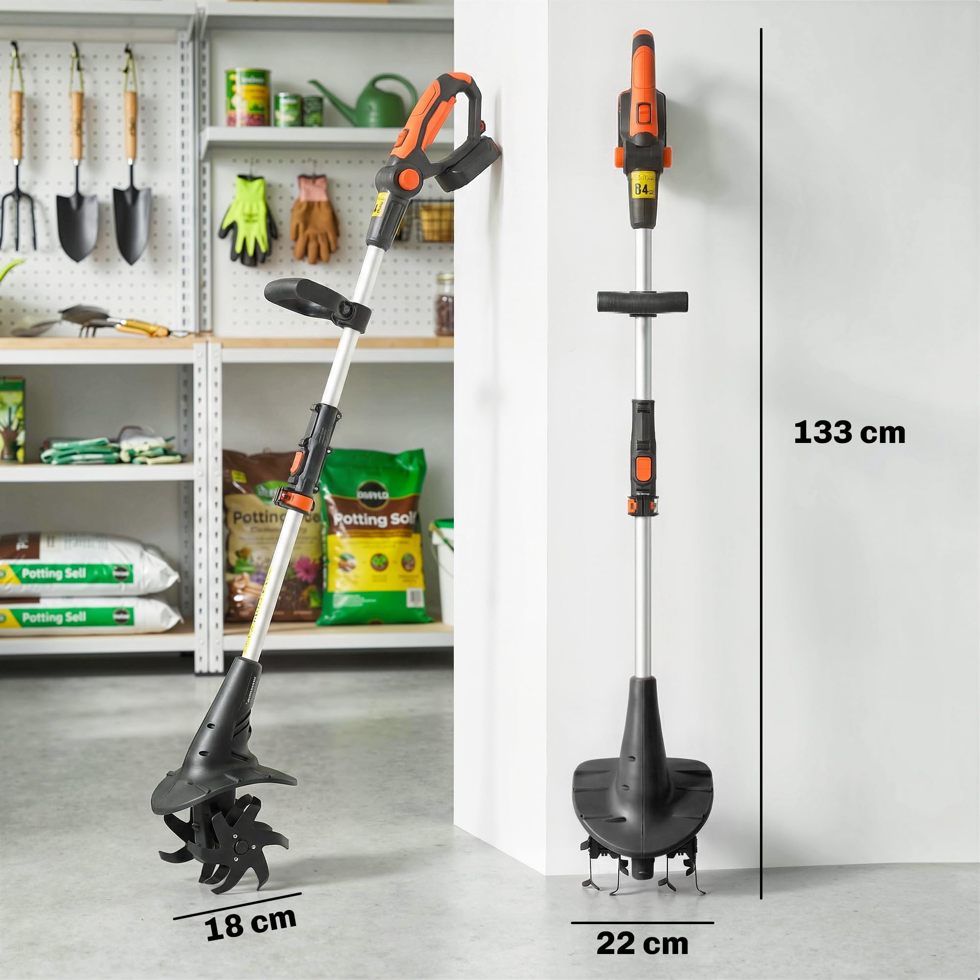 Outsunny Motocoltivatore Cordless 18V, Motozappa 20cm Larghezza, 18cm Profondità, 4 Lame, Manico Regolabile, per Orto, Giardino e Terreni, Batteria e Caricabatterie Non Inclusi