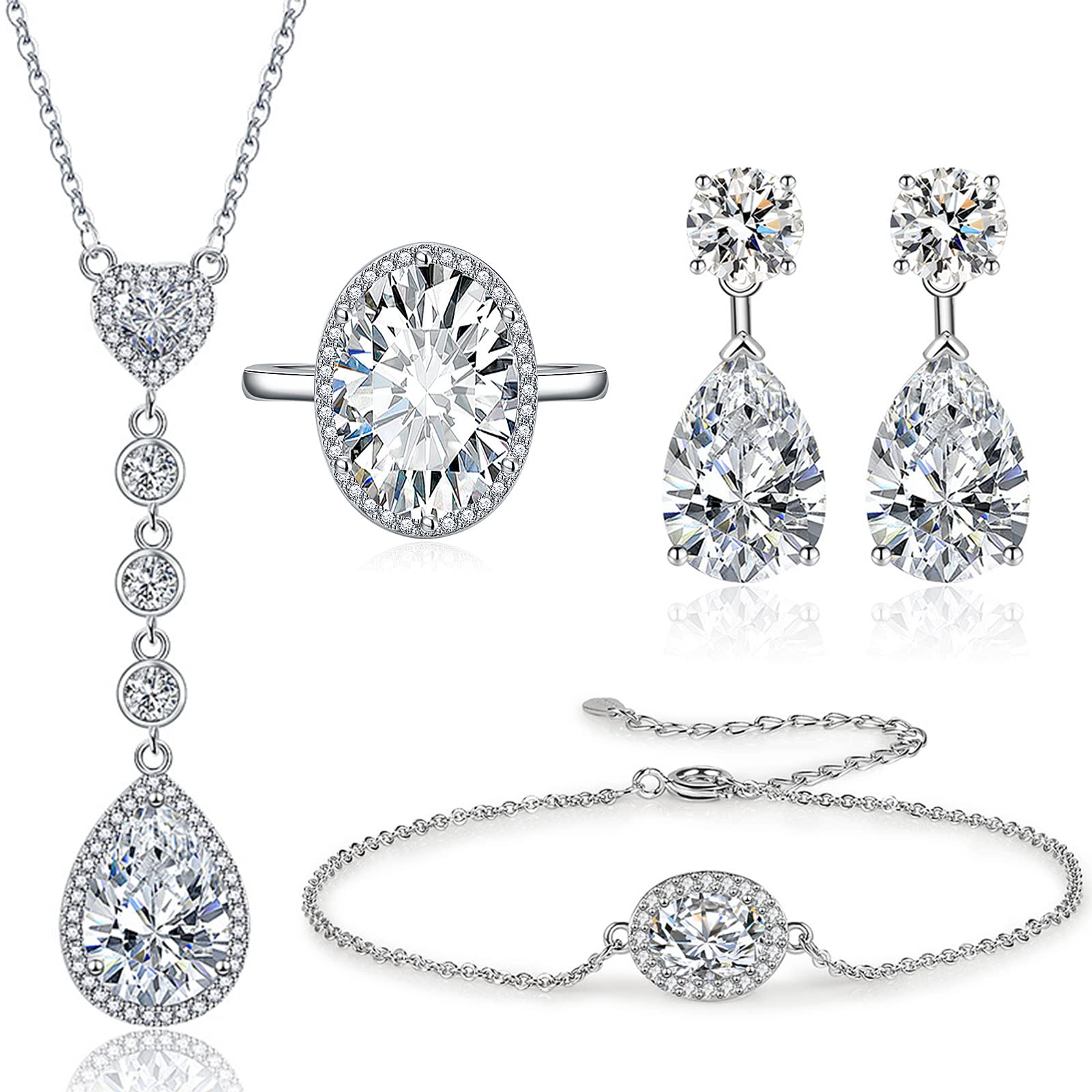 Suyi Set Gioielli In Zirconi Cubici A Goccia, Collana Orecchini Anello Bracciale Per Donna, Con Scatola Regalo