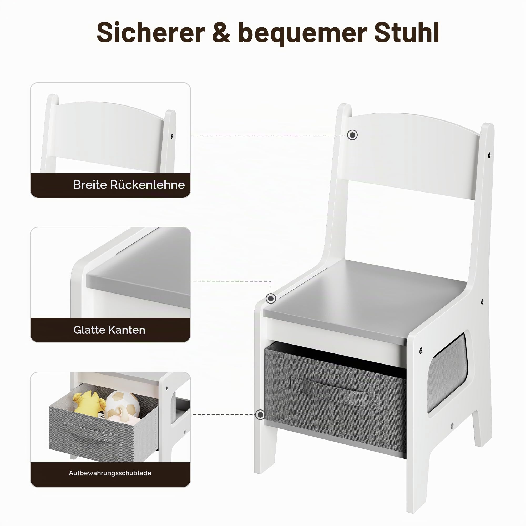 Xbro Kindertisch mit 2 Stühlen, 4 in 1 Kinder Maltisch mit Stauraum, multifunktionale Kindersitzgruppe aus Holz mit Bücherregal, für Kinder ab 3 Jahren, 61,5 × 61,5 × 48 cm, Grau