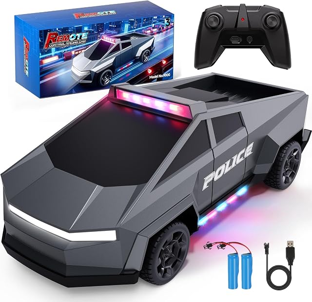 Tecnock RC Truck for Kids, 1:18 Scale Police Remote Control Truck with LED Lights, 2 Rechargeable Batteries, 2.4GHz All-Terrain RC Car, Toys Gift for Boys Girls Aged 3-8, 8-12