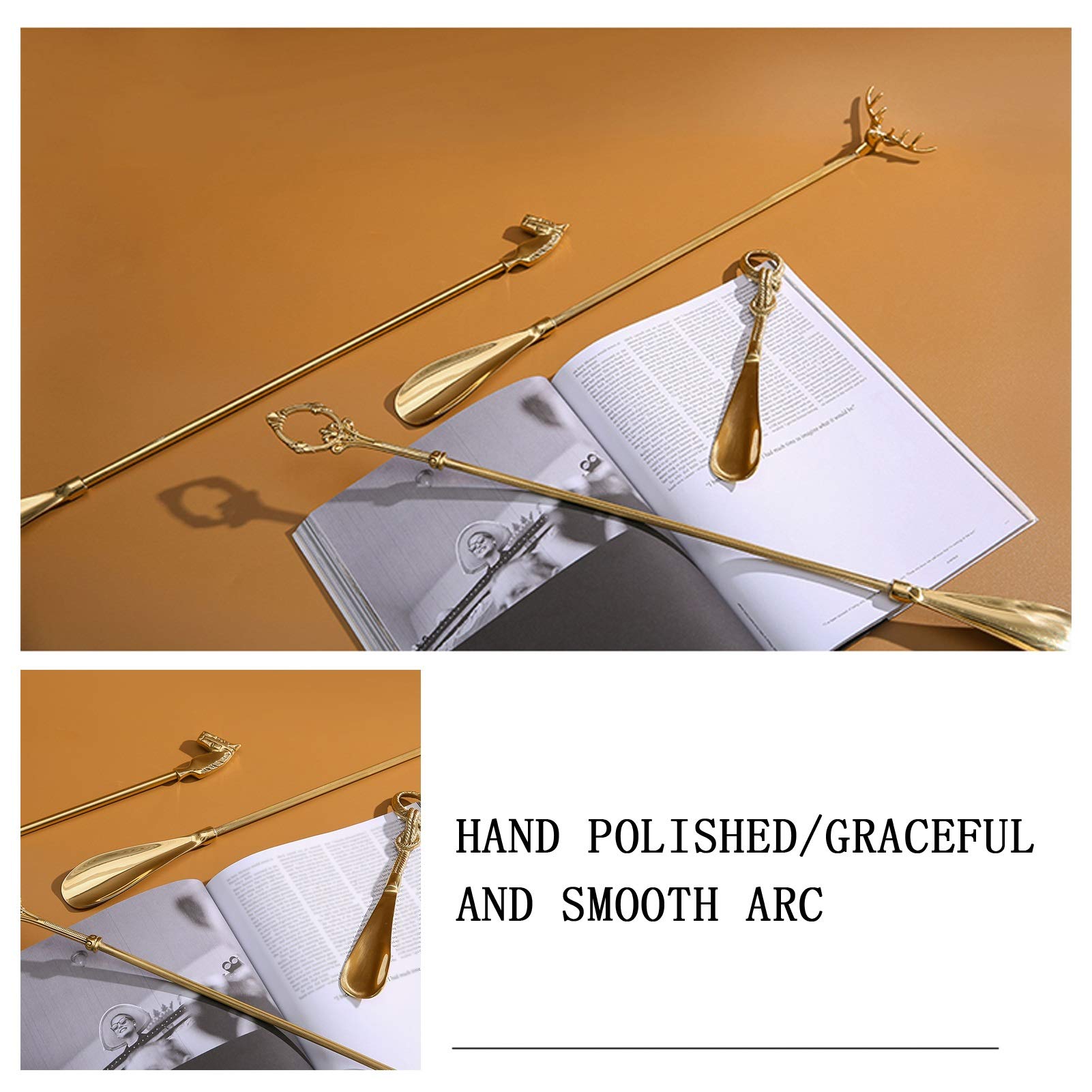 Retro-Schuhlöffel aus Messing mit langem Griff, Haushalts-Schuhheber aus Metall (Farbe: Gold, Größe: 58,5 x 4 cm) (Gold 58,5 x 4 cm)