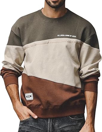 Mens Color Block Patchwork Sweatshirt Long Sleeve Crewneck Pullover Loose Hoodie Spring Autumn