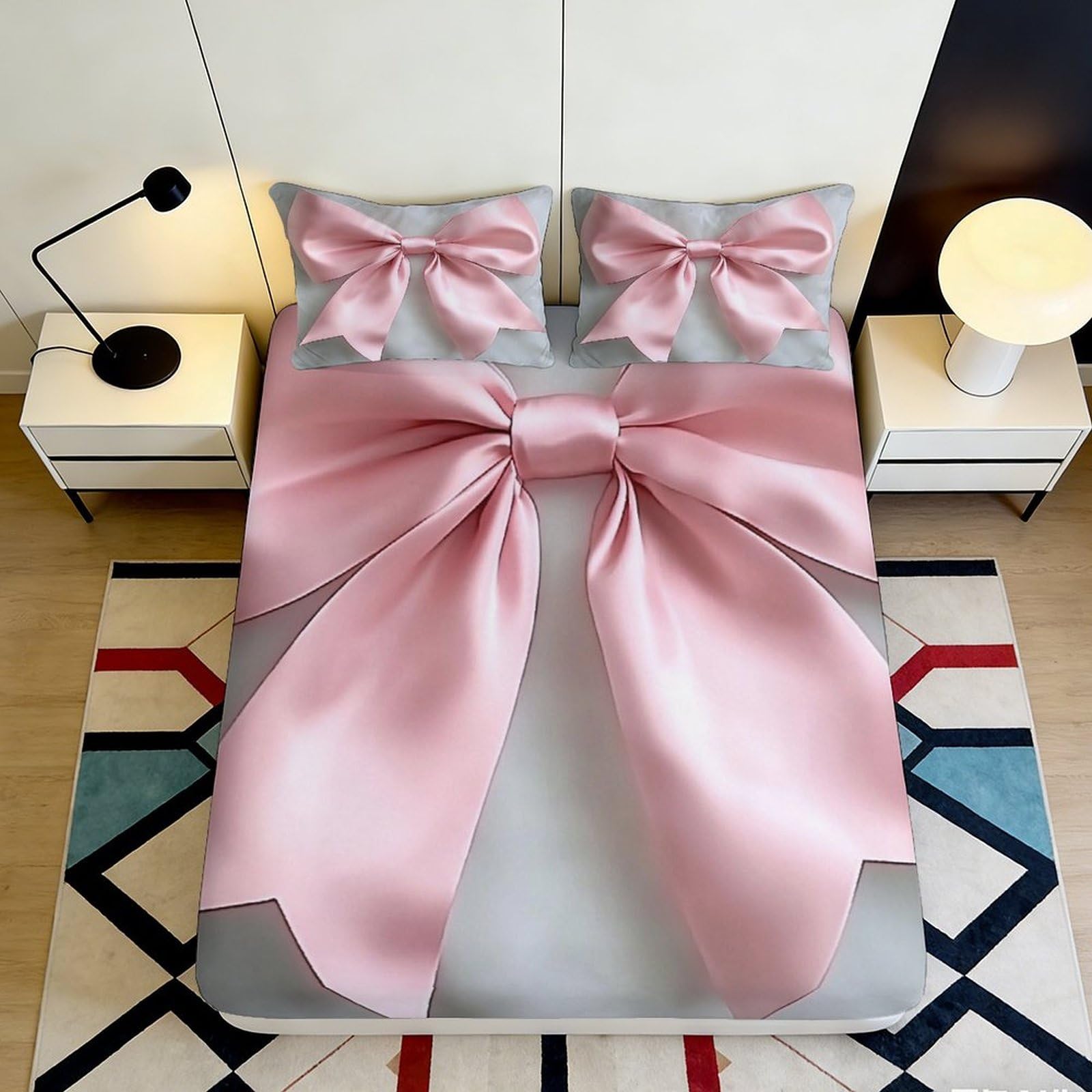 3D Printed Bow Fitted Sheet Microfiber Deep Pocket Non-Slip Bow Mattress Fitted Cover Washable Bedroom Set 200x200x25cm 90x200x25cm