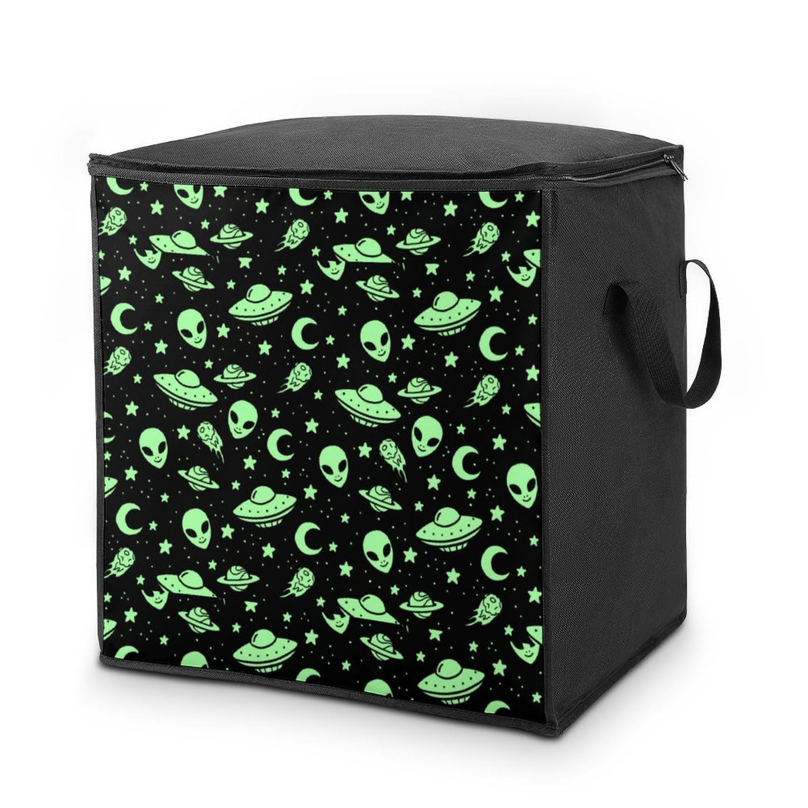 Lyfthologen 70L Storage Bags, Green Alien Moon Storage Box with Lid Zipper And Handles, Clothes Bags for Quilt, Blankets, Bedding