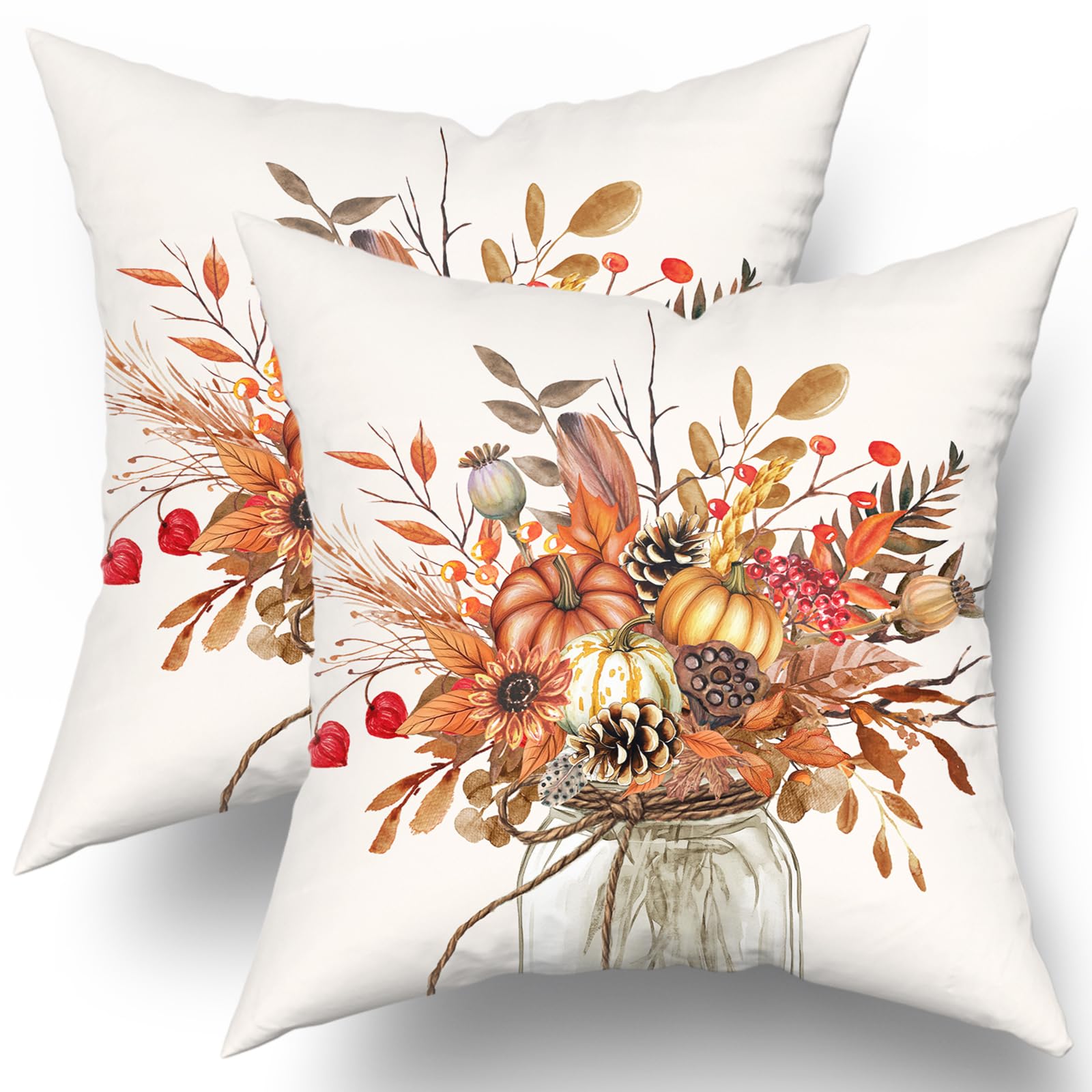 Uynfident Fall Pumpkin Throw Pillow Covers 18x18 inch Set of 2 Burnt Orange Leaves Harvest Floral Decorative Jar Vase Cotton Pillowcase Autumn
