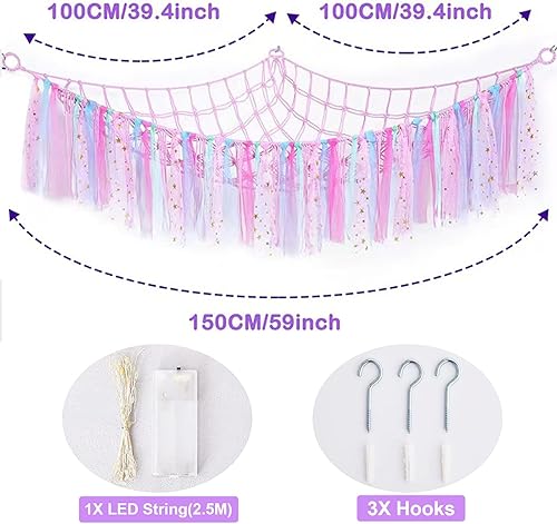 Miniatura 2 de Hamaca de almacenamiento de red de animales de peluche con luces LED, borlas coloridas, hamaca colgante de juguetes de peluche, organizador para