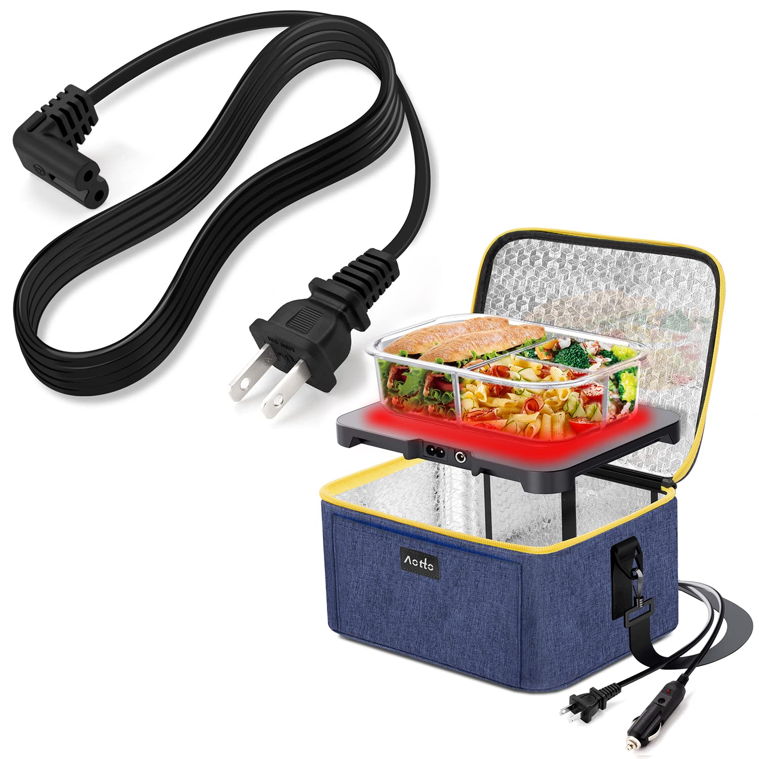 AottoPortable Food Warmer 12V 24V 110V 3-In-1 Mini Personal Oven & 110V Power Cable Wall Plug Bundle