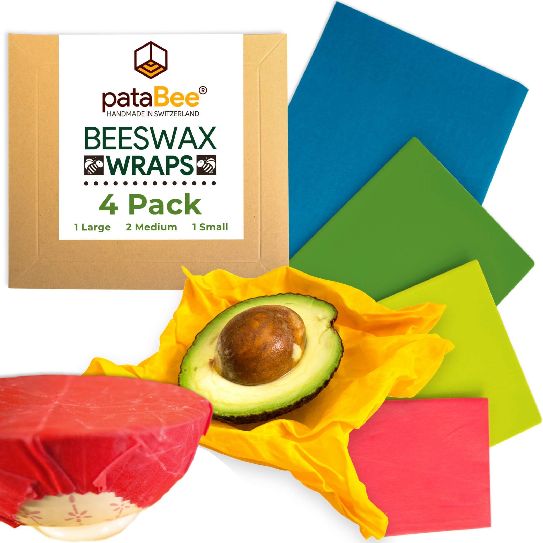 Beeswax Wrap Reusable Food Wrap - Handmade in Switzerland - PataBee Reduce Plastic to Zero Waste - Organic, Sustainable,Eco-Friendly and Biodegradable Storage Wraps (4 pack)