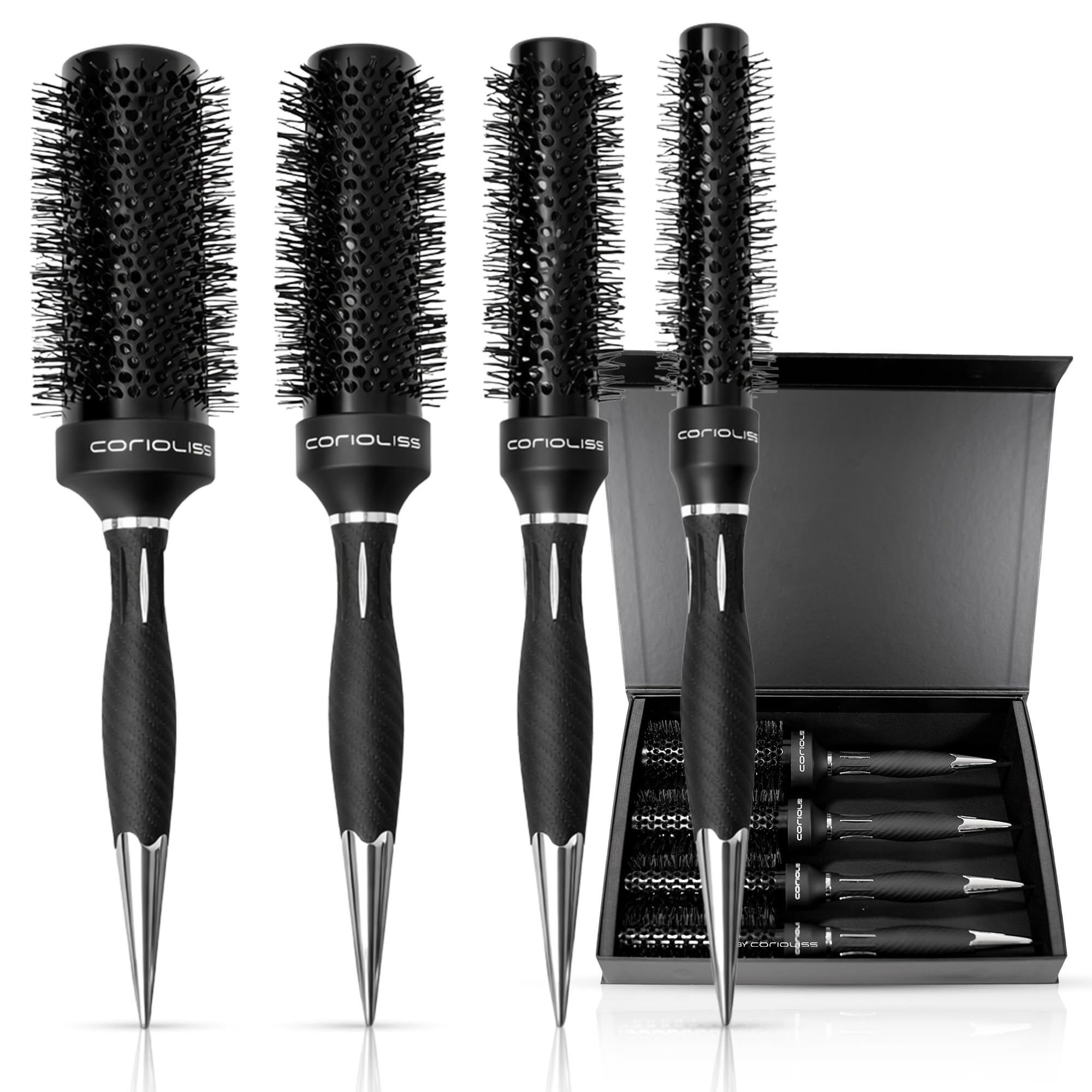 Corioliss Set 4 Spazzole Rotonde Professionali in Titanio 25-33-43-53 mm per Piega e Asciugatura con Phon – Brush Titanium Black Green
