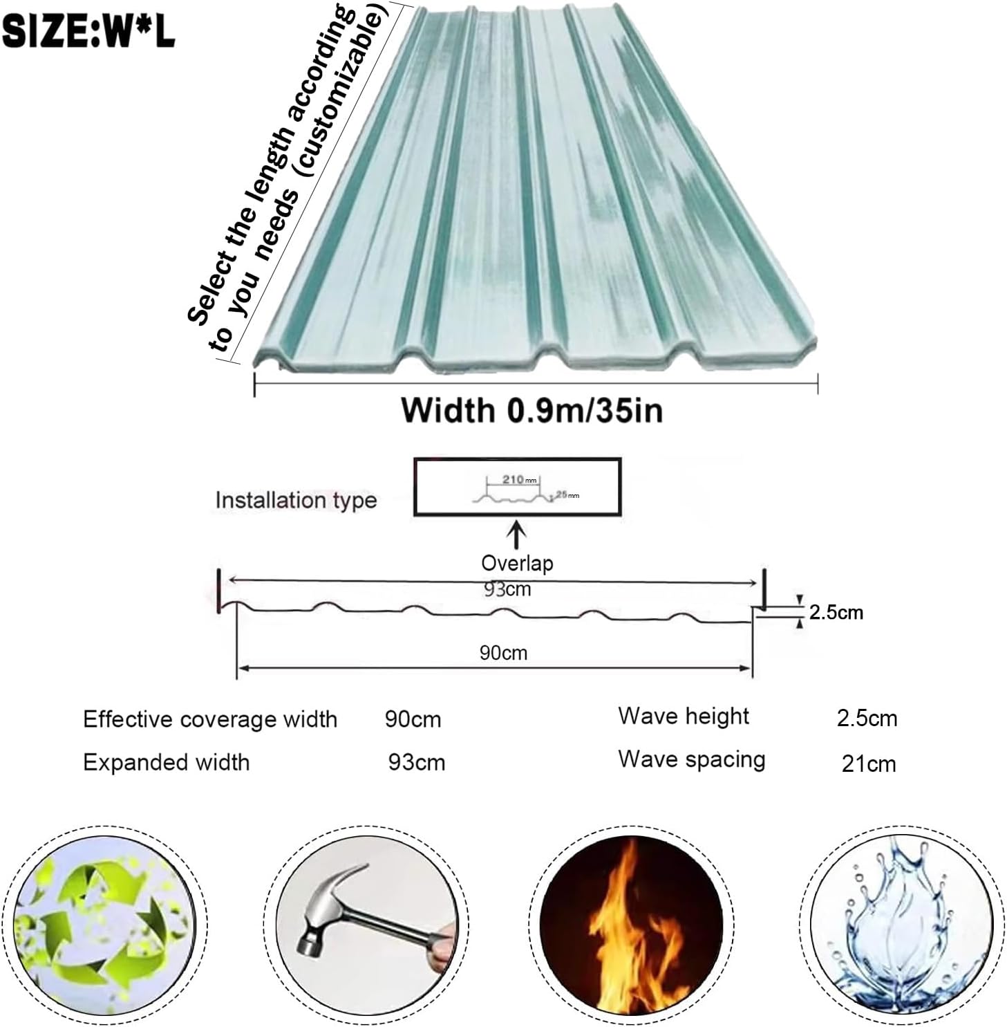 Polycarbonate Roofing Panel，FRP Daylighting Panels，Clear Corrugated Roofing panels Sheets， Greenhouses (Patio, Lawn & Garden),Siding Building Material, Roof Flashings(12pcs,0.9*0.9M/35*35IN_1.5MM)