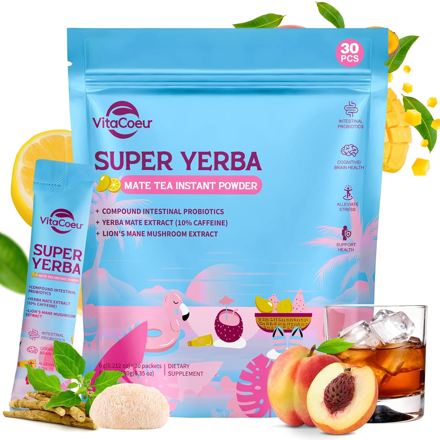 VitaCoeur Yerba Mate Instant Tea Powder with Nootropics, Yerba Mate Tea Supports Energy, Focus and Gut Health-Clean Energy & Boost Brain Fog Buster| Sugar-free Yerba Magic | Peach Mango Flavor-30 Servings
