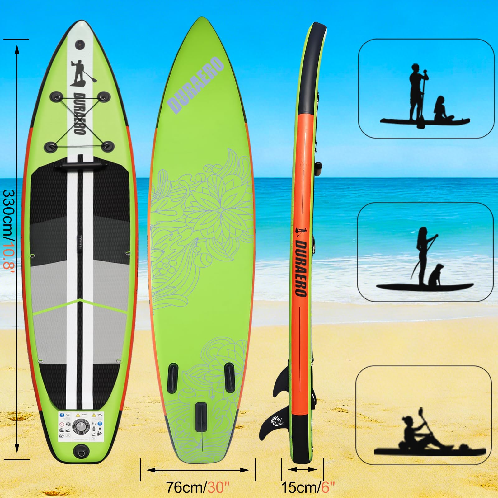 Planche de paddling Stand up paddling SUP - Siège kayak - 330 x 76 x 15 cm - Jusqu'à 150 kg - Coussinet intégré - 3 Finlandais - Double pagaie réglable - Accessoires complets