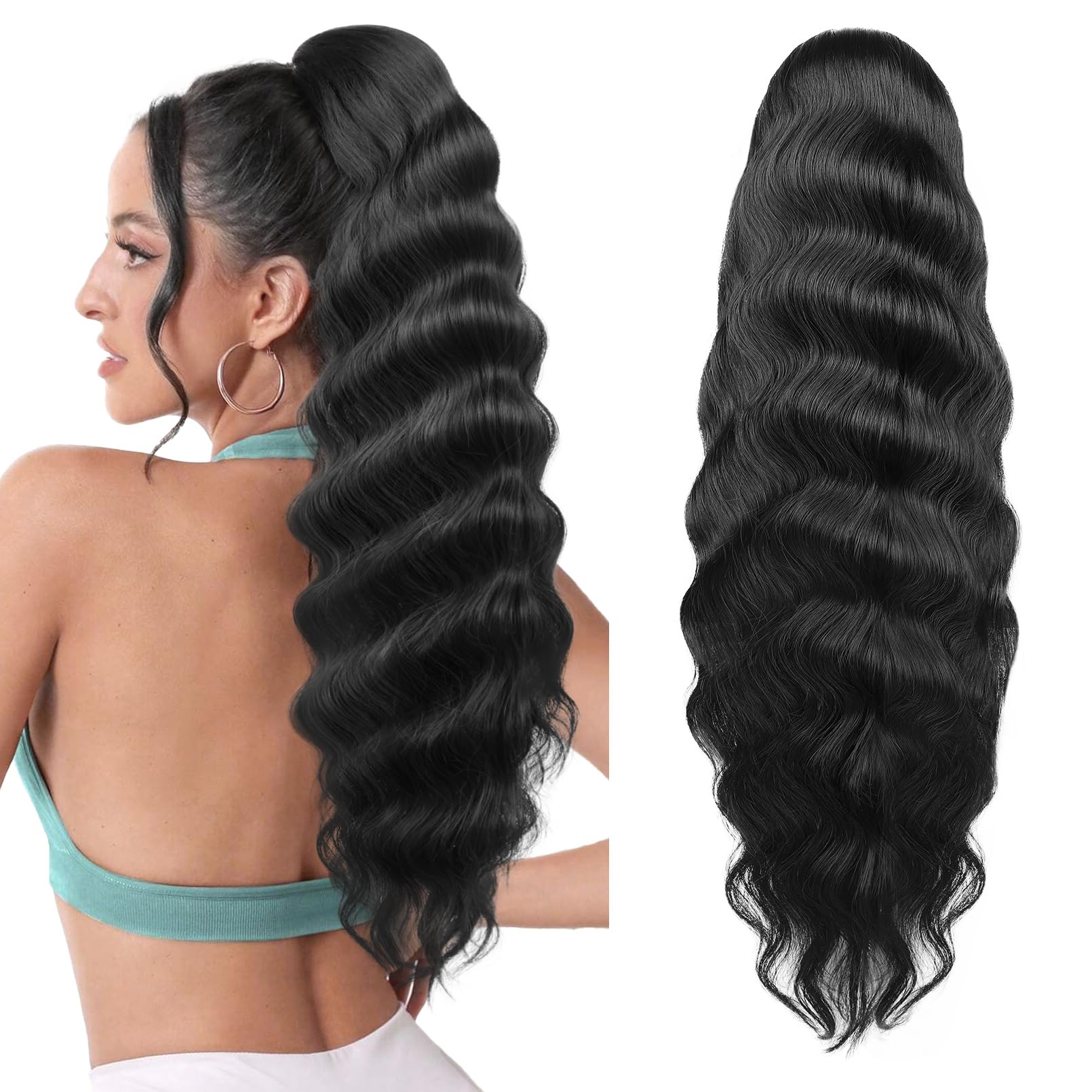 Flufymooz Ponytail Extension, 26 Inch Wavy Drawstring Ponytail Long Ponytail Hair Extension Soft Synthetic Hairpiece for Women Natural Black
