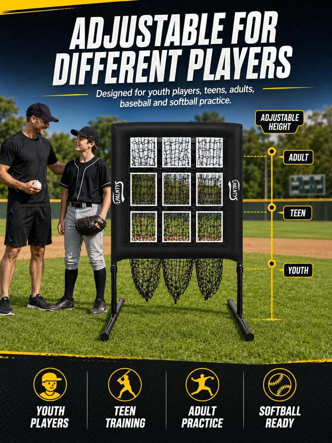 Baseball Pitching Net, 9 Hole Pitching Target Net with Strike Zone, 5 Height Adjustable Throwing Trainer, Heavy Duty Baseball Softball Net with Carry Bag for Solo Practice